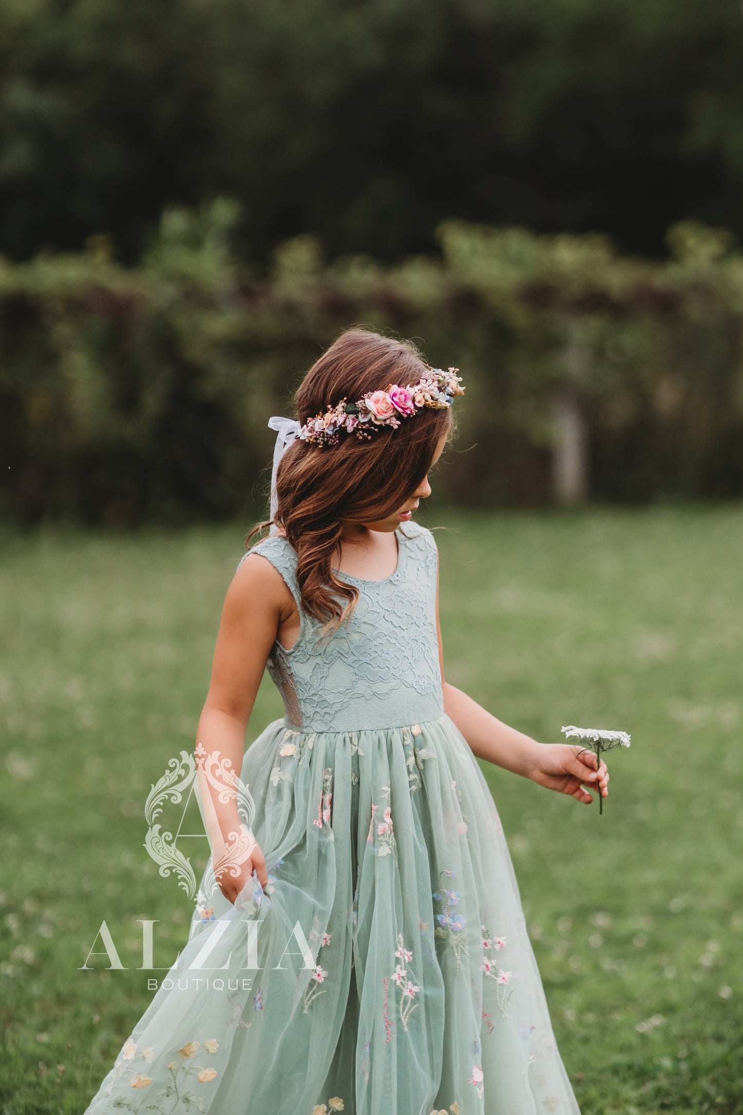 Sage Green Floral Embroidered Tulle Dress – Sleeveless, Full Length | Wildflowers Collection