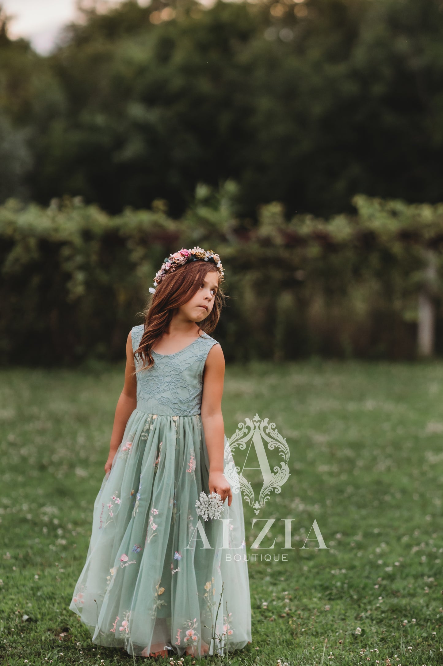 Sage Green Floral Embroidered Tulle Dress – Sleeveless, Full Length | Wildflowers Collection