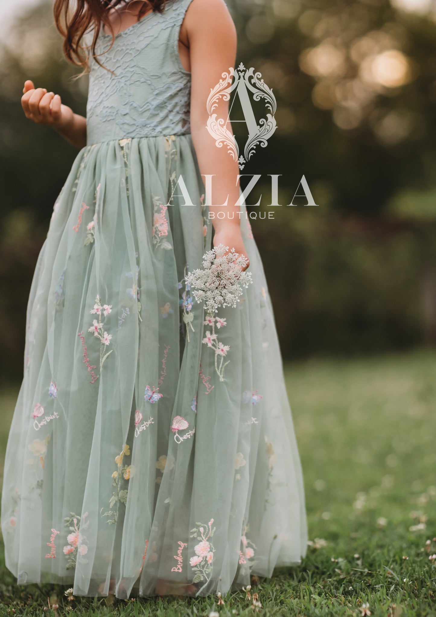 Sage Green Floral Embroidered Tulle Dress – Sleeveless, Full Length | Wildflowers Collection