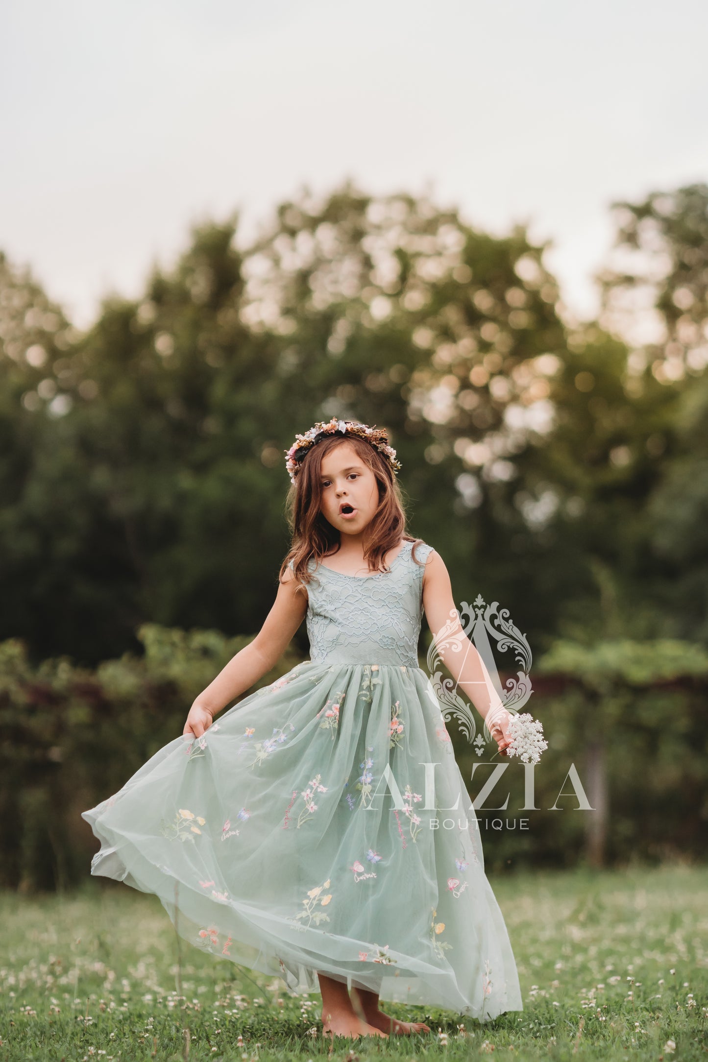 Sage Green Floral Embroidered Tulle Dress – Sleeveless, Full Length | Wildflowers Collection