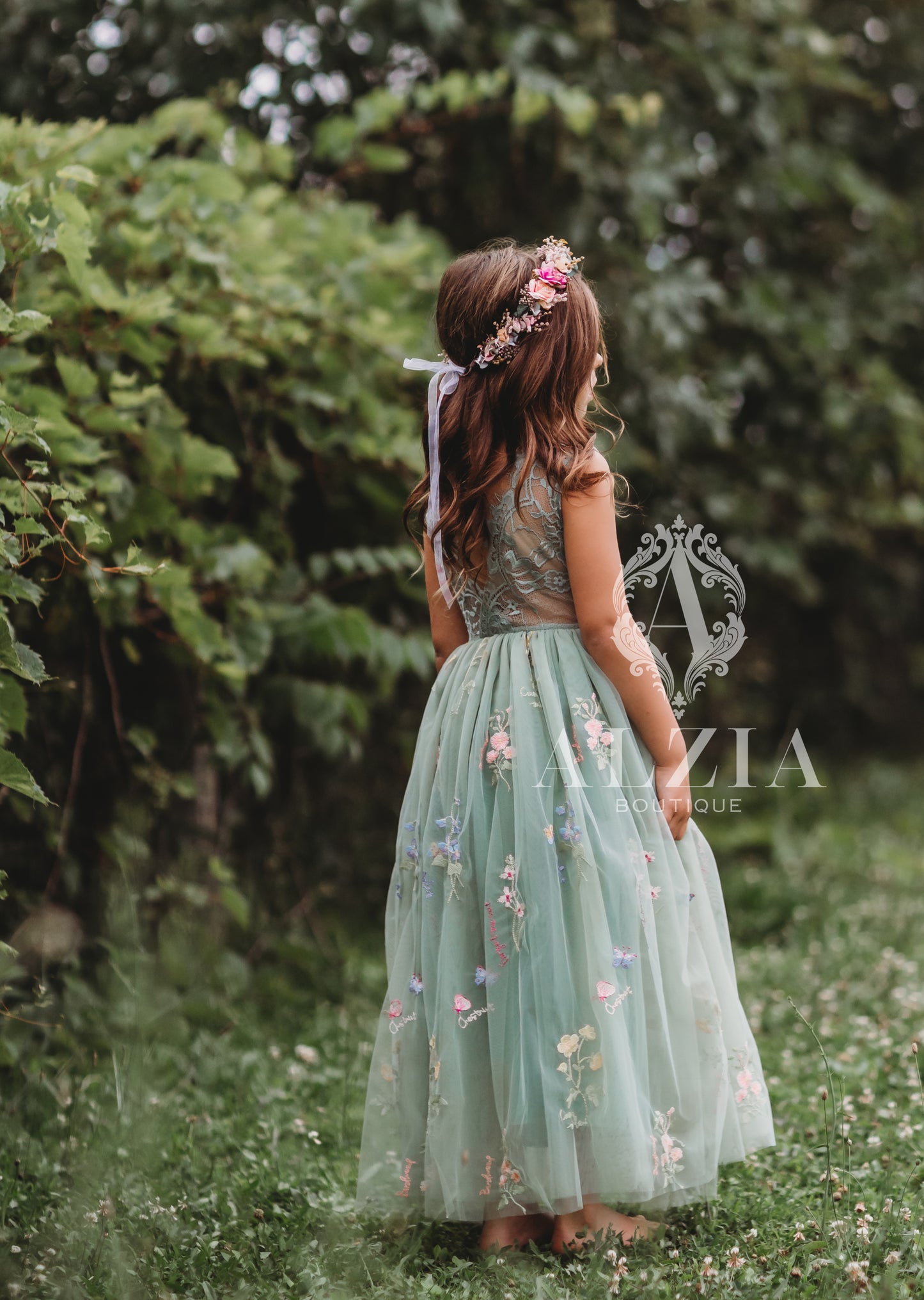 Sage Green Floral Embroidered Tulle Dress – Sleeveless, Full Length | Wildflowers Collection
