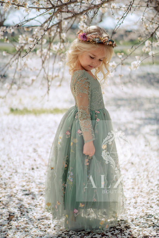Sage Green Floral Embroidered Tulle Dress – Long Sleeve, Full Length | Wildflowers Collection
