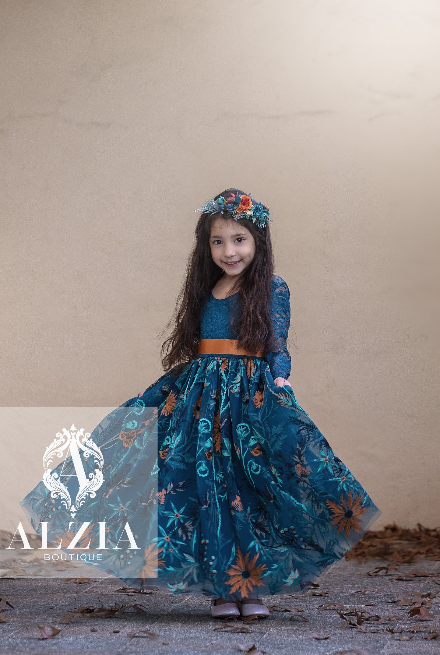 Teal Sunflower Flower Girl Dress | Lace Scallop Back Dress for Rustic, Boho, Outdoor Weddings