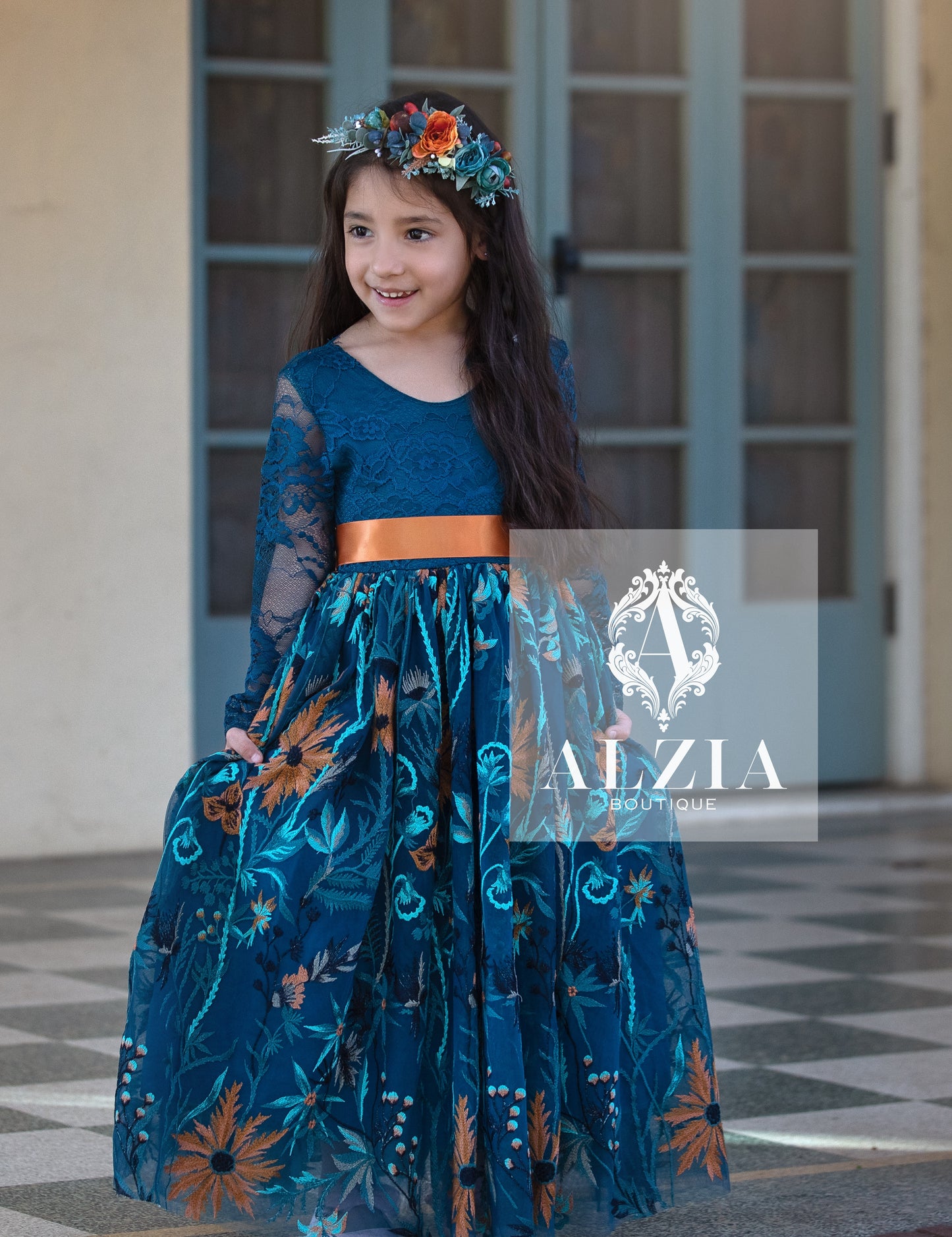 Teal Sunflower Flower Girl Dress | Lace Scallop Back Dress for Rustic, Boho, Outdoor Weddings