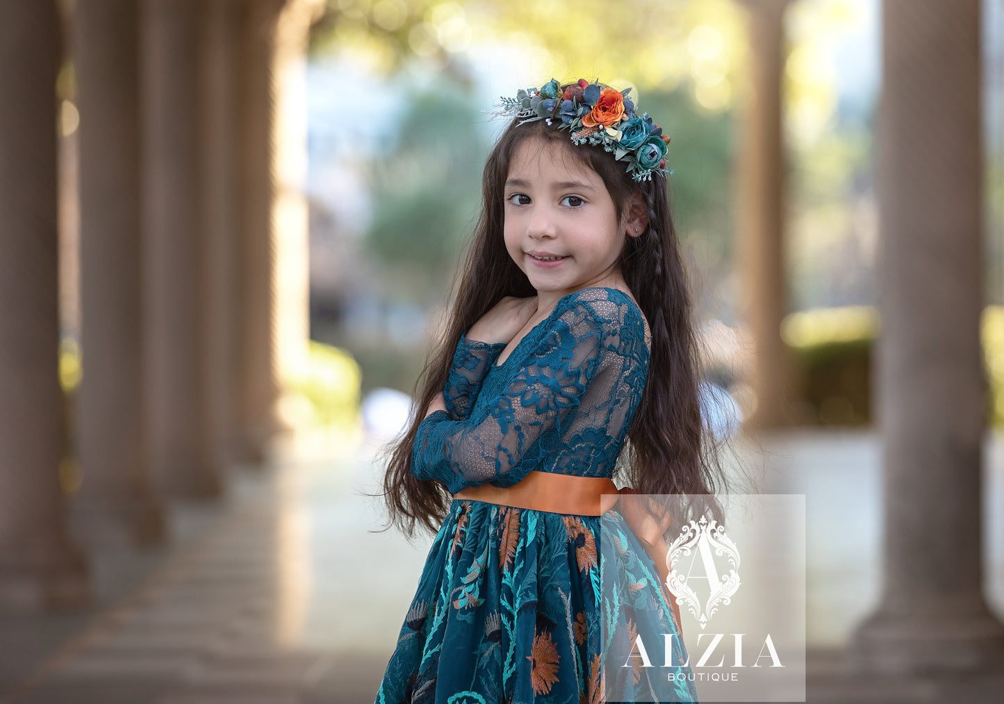 Teal Sunflower Flower Girl Dress | Lace Scallop Back Dress for Rustic, Boho, Outdoor Weddings