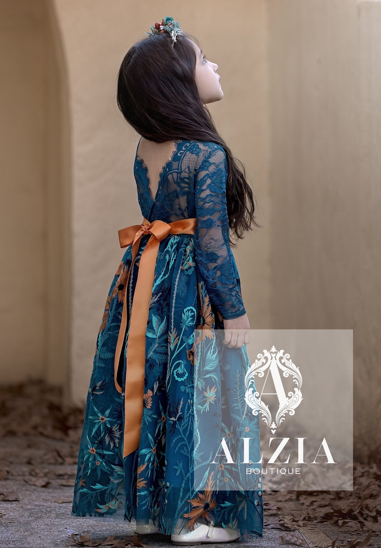 Teal Sunflower Flower Girl Dress | Lace Scallop Back Dress for Rustic, Boho, Outdoor Weddings