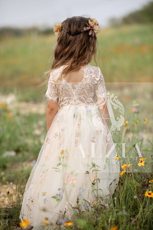 Champagne Floral Embroidered Tulle Dress – Full Length, Short Sleeves | Wildflowers Collection