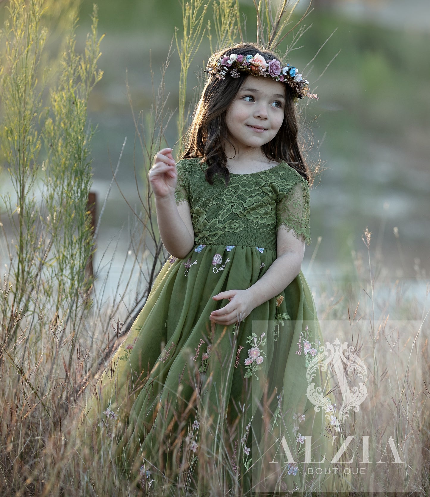 Olive Green Floral Embroidered Tulle Dress – Full Length, Short Sleeves | Wildflowers Collection