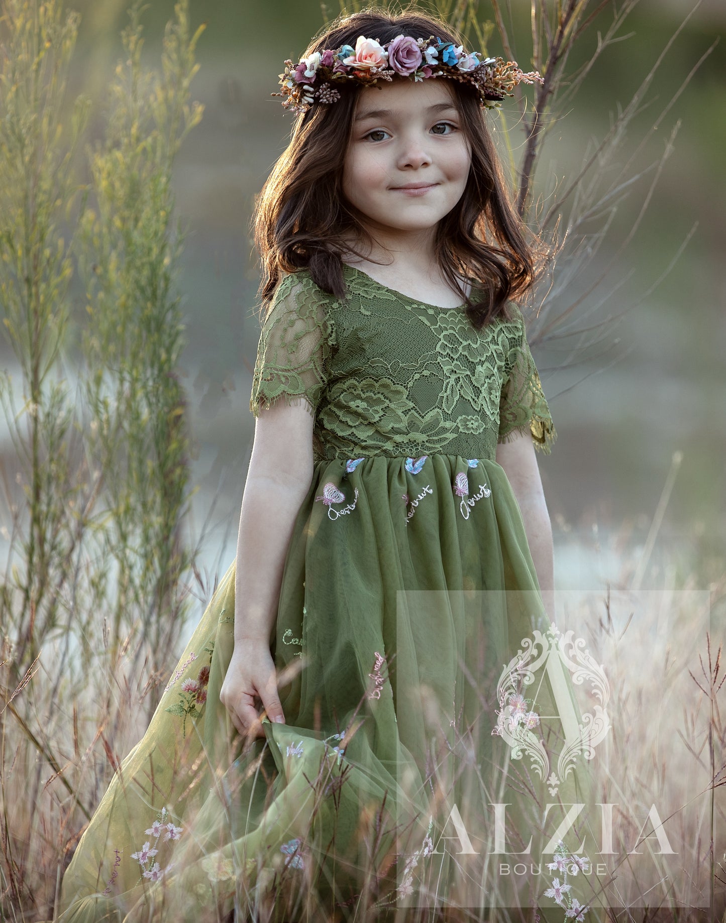 Olive Green Floral Embroidered Tulle Dress – Full Length, Short Sleeves | Wildflowers Collection