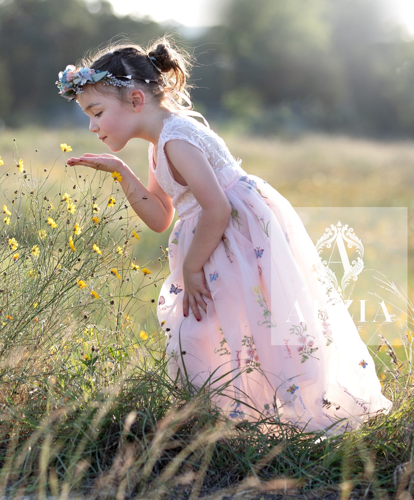 Pink Floral Embroidered Tulle Dress – Sleeveless, Full Length | Wildflowers Collection