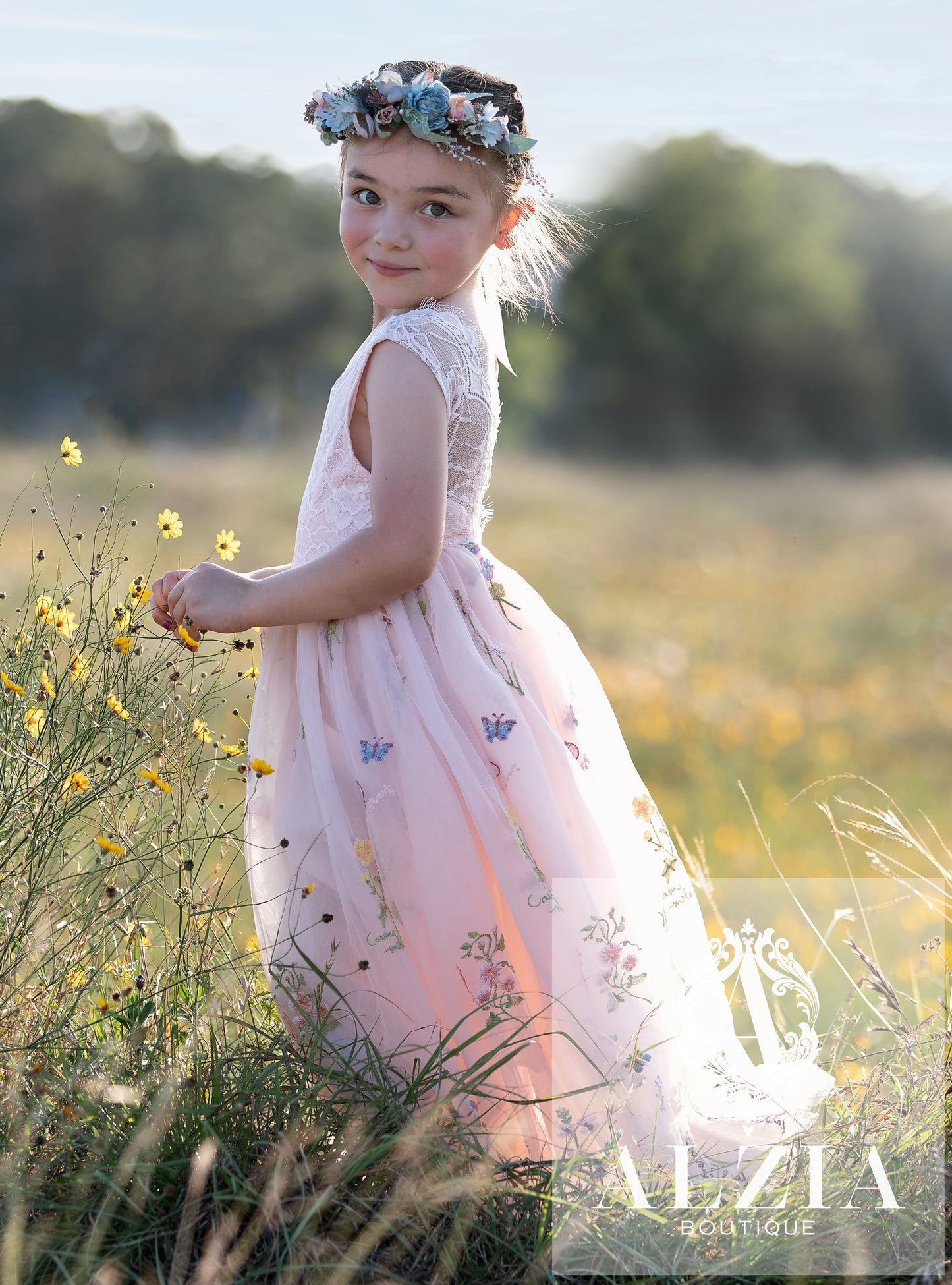 Pink Floral Embroidered Tulle Dress – Sleeveless, Full Length | Wildflowers Collection