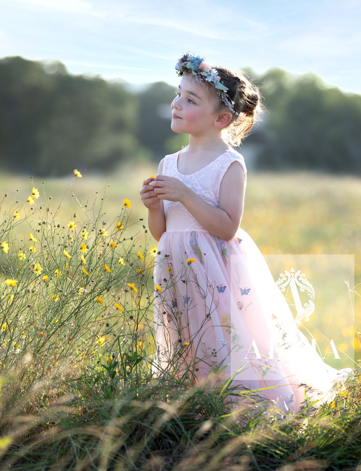 Pink Floral Embroidered Tulle Dress – Sleeveless, Full Length | Wildflowers Collection