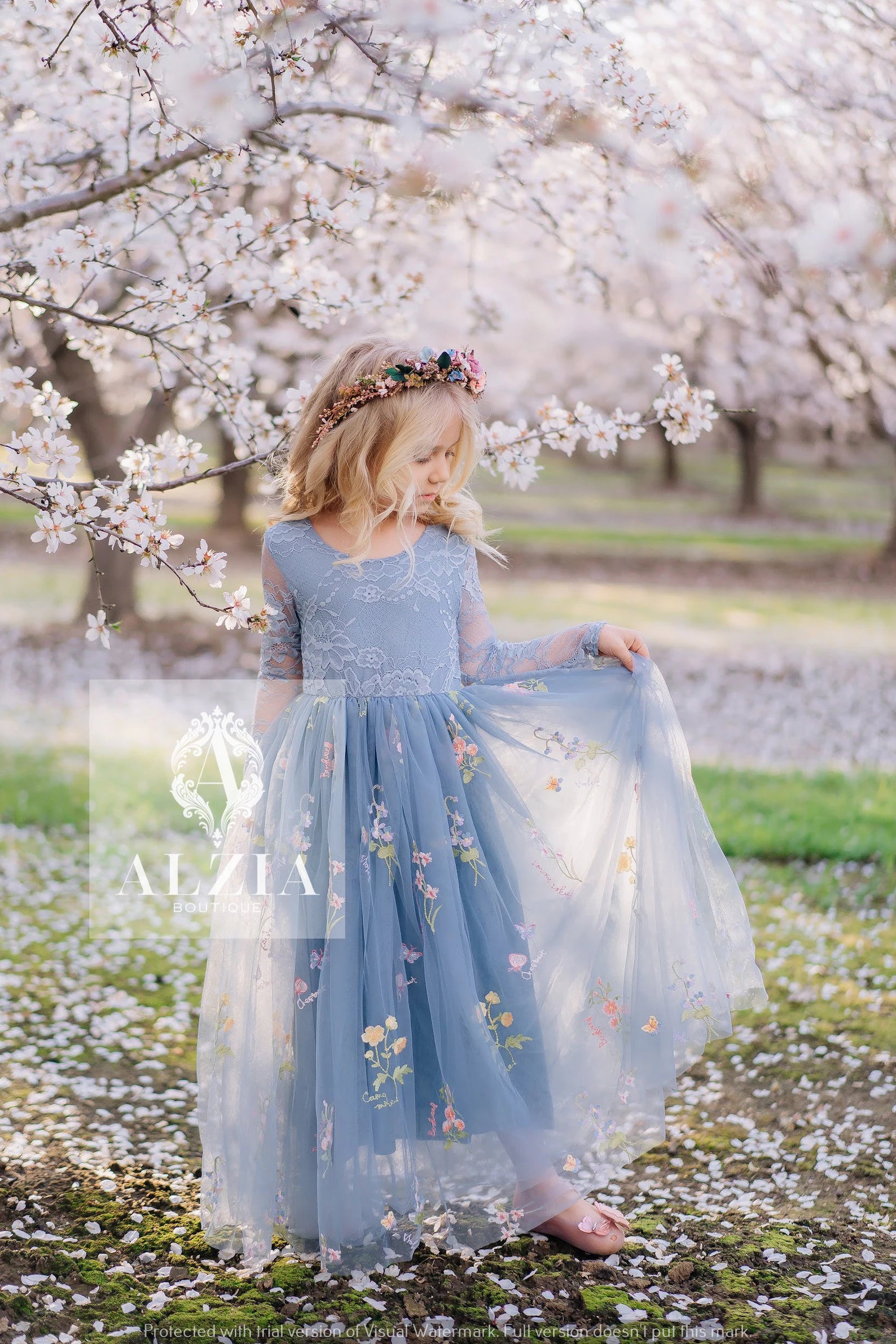 Blue Grey Long Sleeves Floral Embroidered Tulle Flower Girl