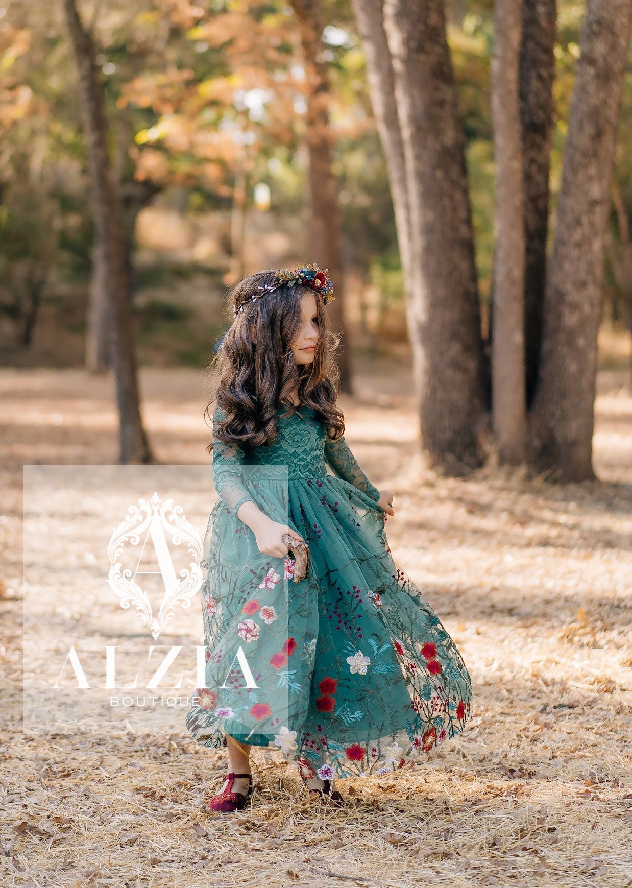 Emerald Teal Embroidered Flower Girl Dress | Long Sleeve Winter Wedding & Holiday Dress