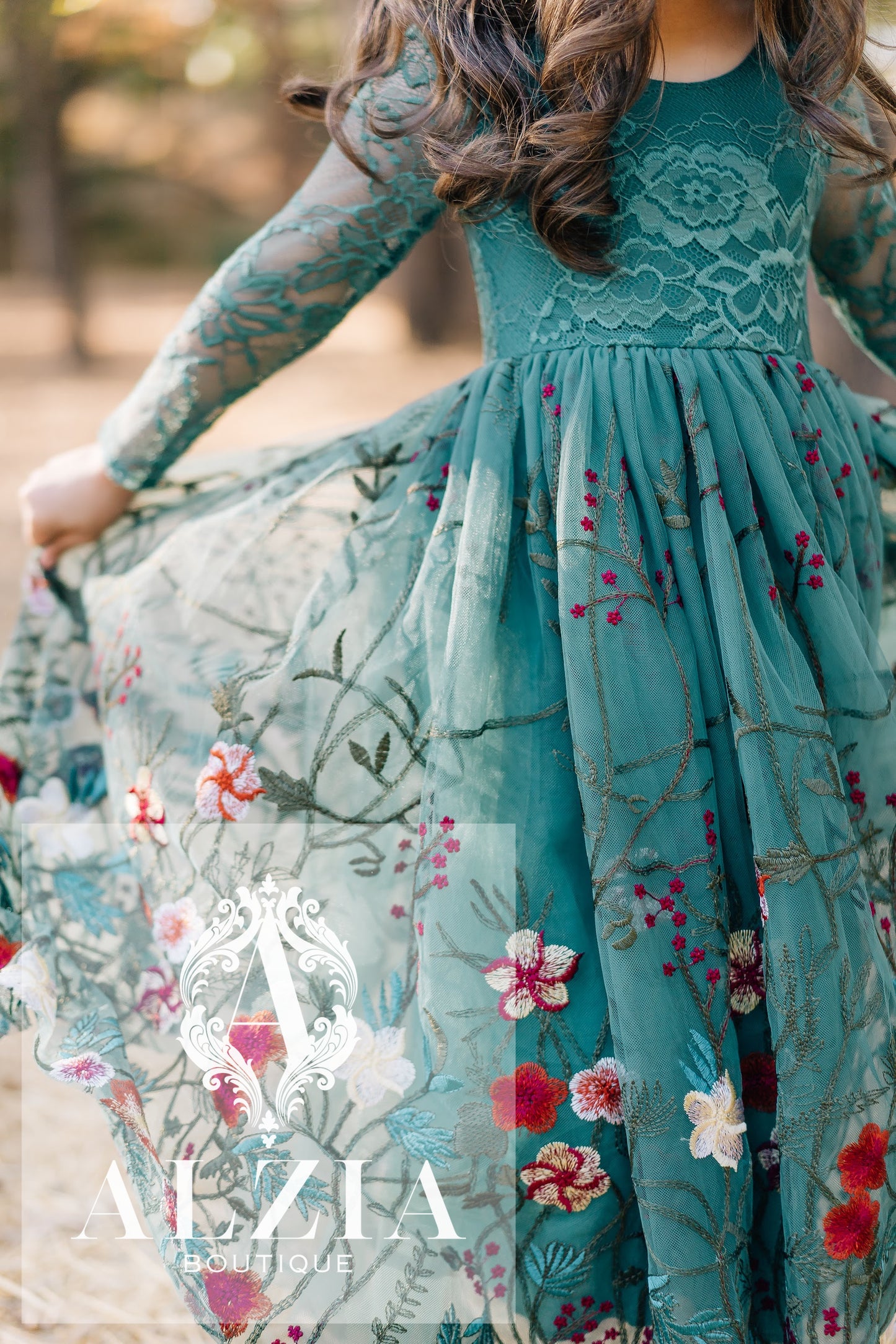 Emerald Teal Embroidered Flower Girl Dress | Long Sleeve Winter Wedding & Holiday Dress