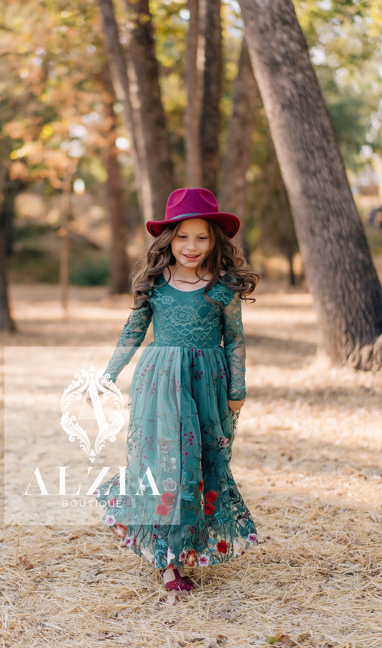 Emerald Teal Embroidered Flower Girl Dress | Long Sleeve Winter Wedding & Holiday Dress