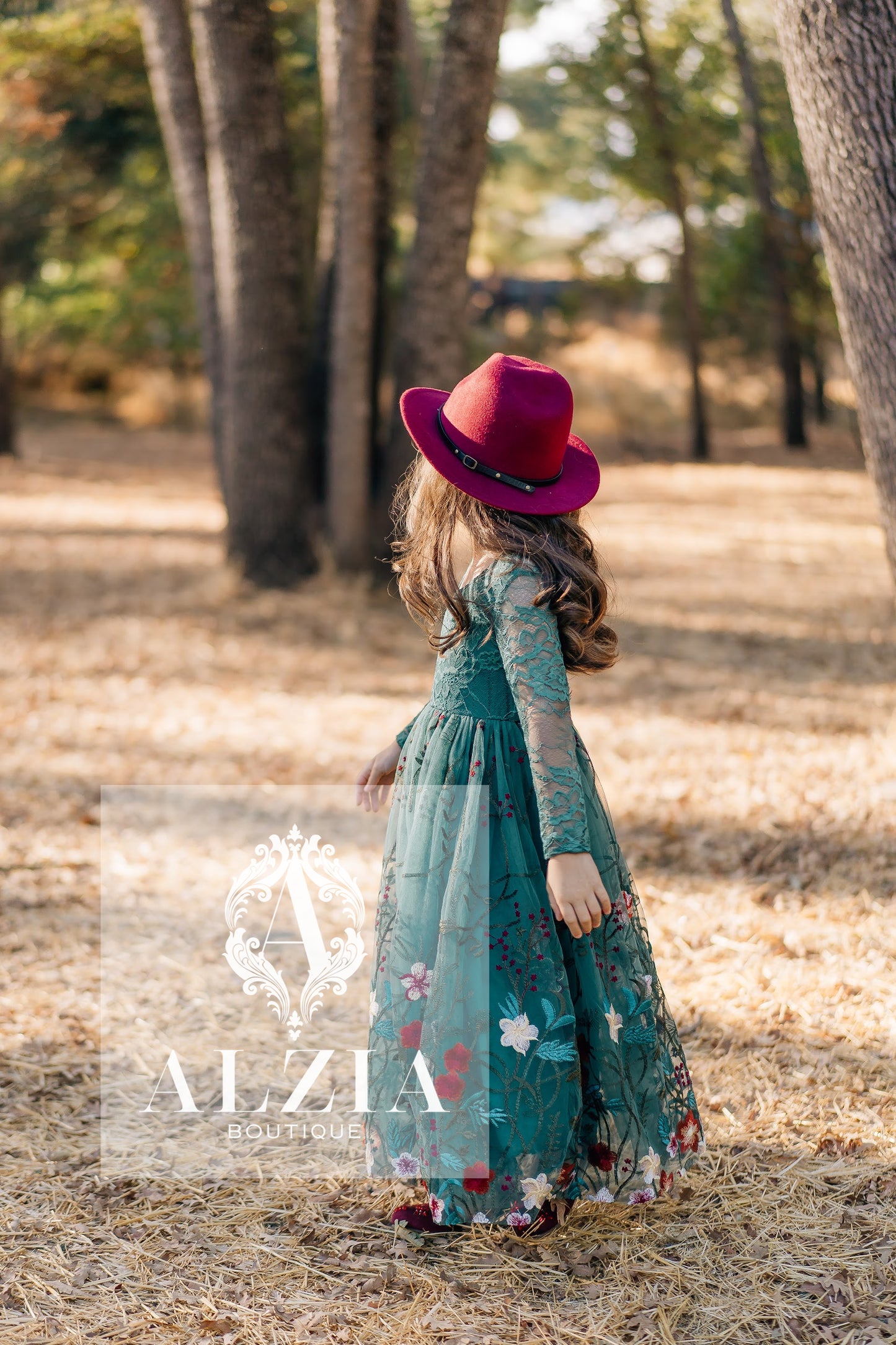 Emerald Teal Embroidered Flower Girl Dress | Long Sleeve Winter Wedding & Holiday Dress