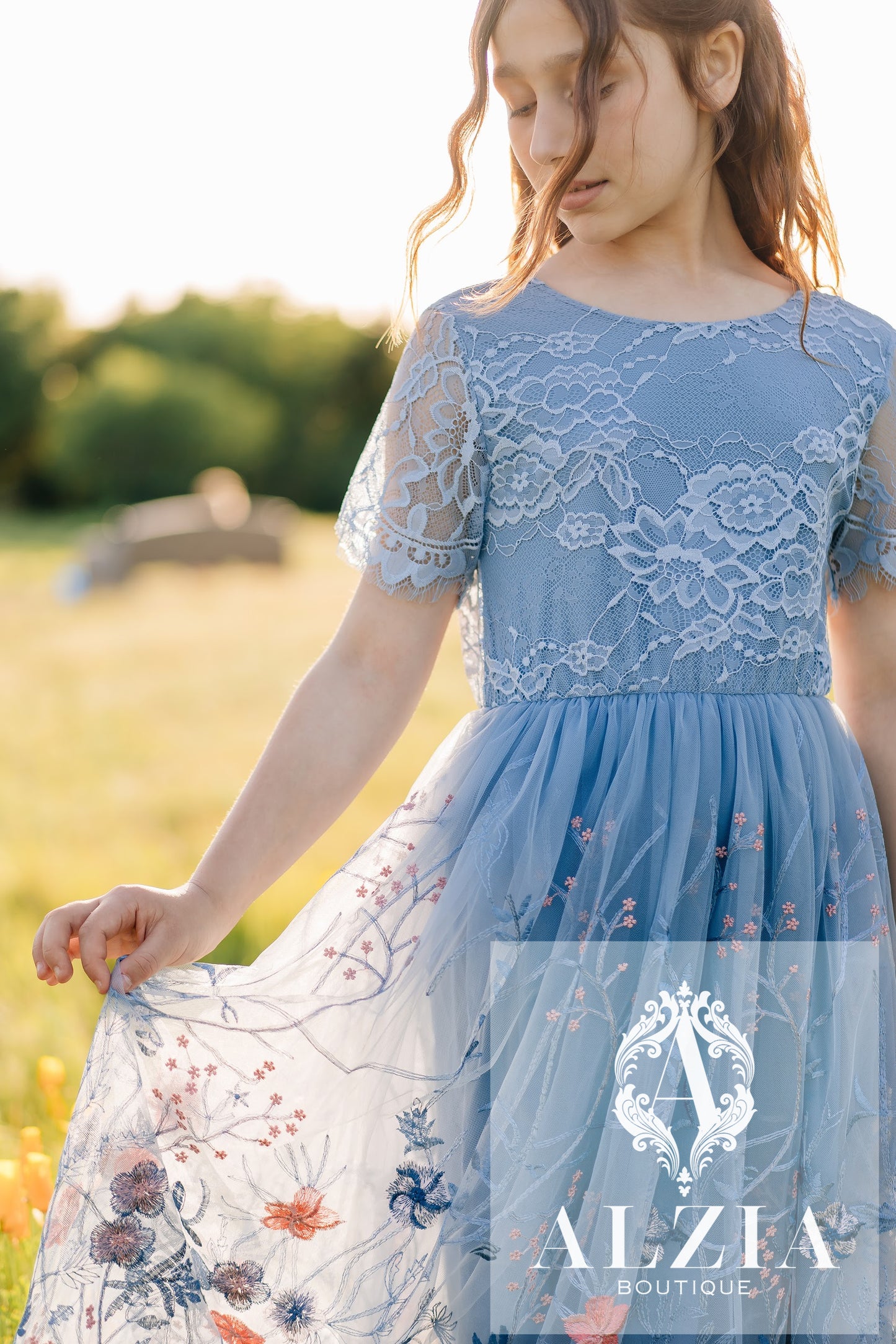 Bluish Grey Flower Girl Dress | Lace Scallop Back Embroidered Tulle Dress for Weddings & Special Occasions