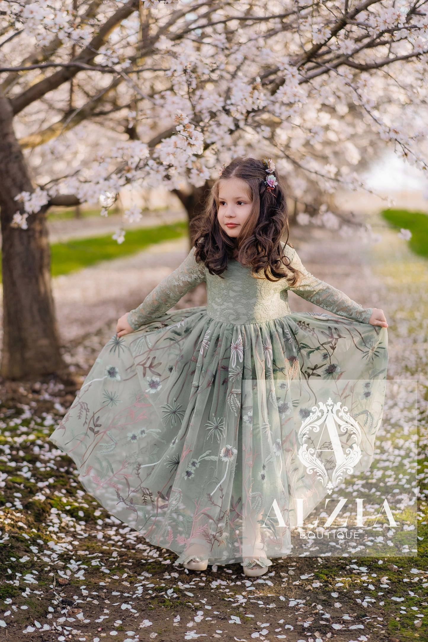 Dusty Sage Flower Girl Dress | Full Lace and Embroidered Tulle in Dusty Sage for Weddings & Special Occasions