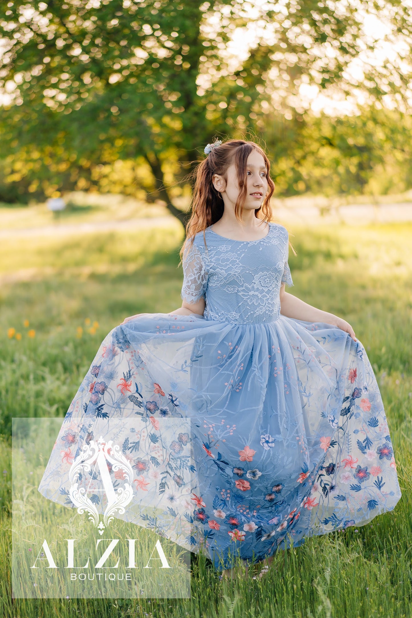 Bluish Grey Flower Girl Dress | Lace Scallop Back Embroidered Tulle Dress for Weddings & Special Occasions