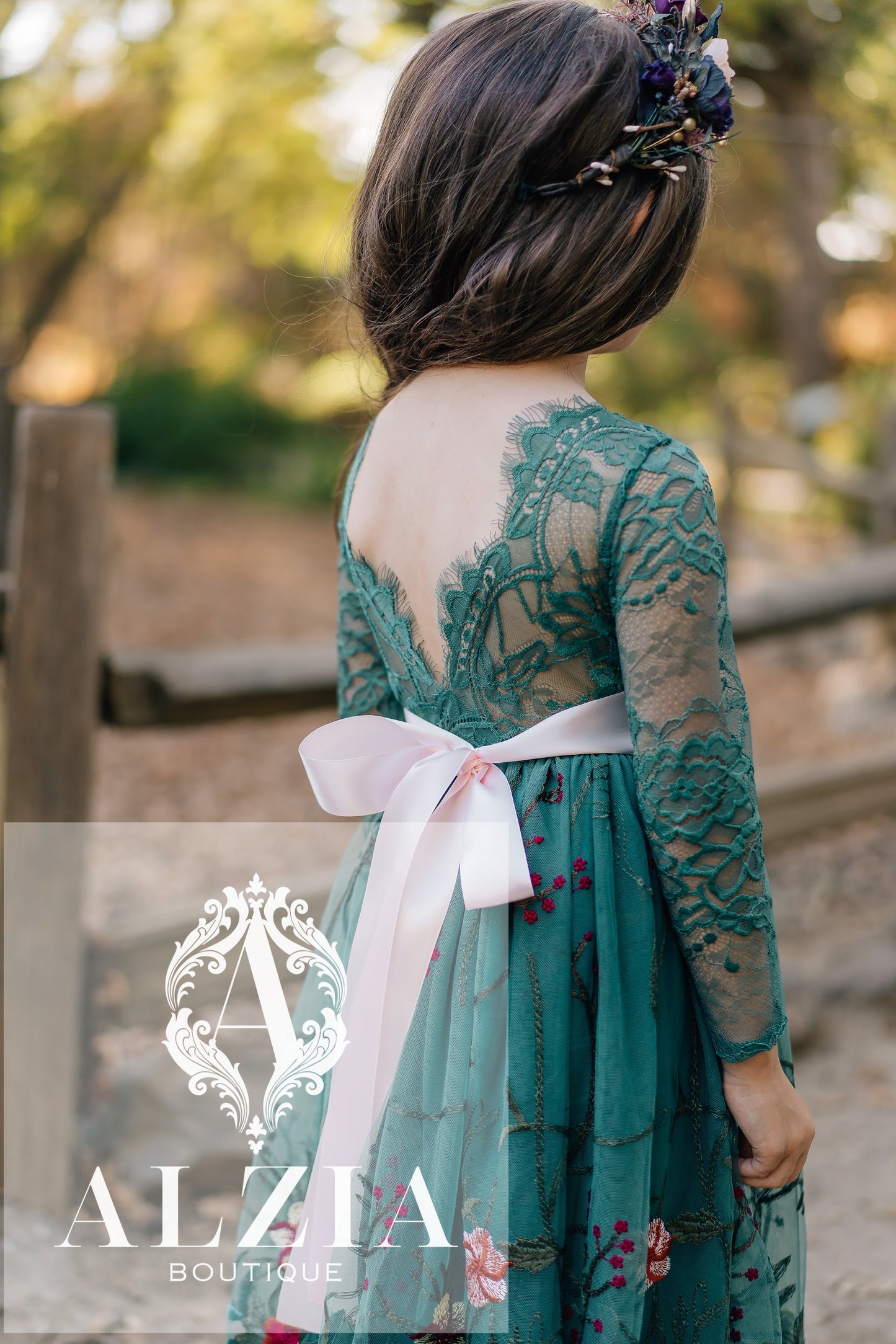 Emerald Teal Embroidered Flower Girl Dress | Long Sleeve Winter Wedding & Holiday Dress