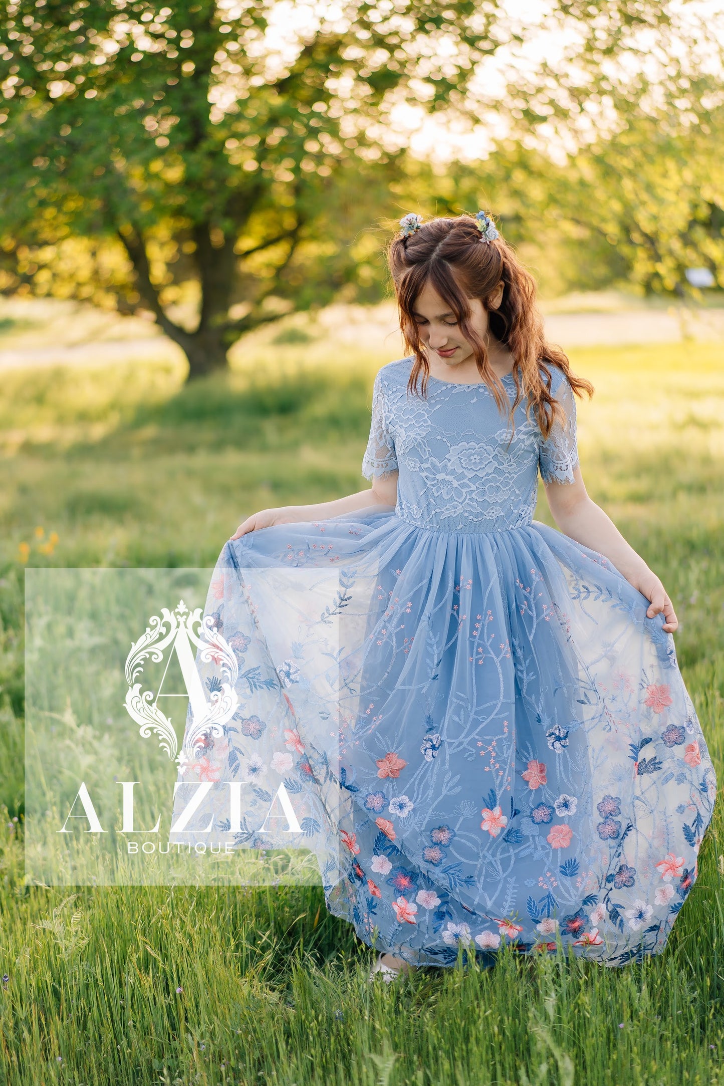 Bluish Grey Flower Girl Dress | Lace Scallop Back Embroidered Tulle Dress for Weddings & Special Occasions
