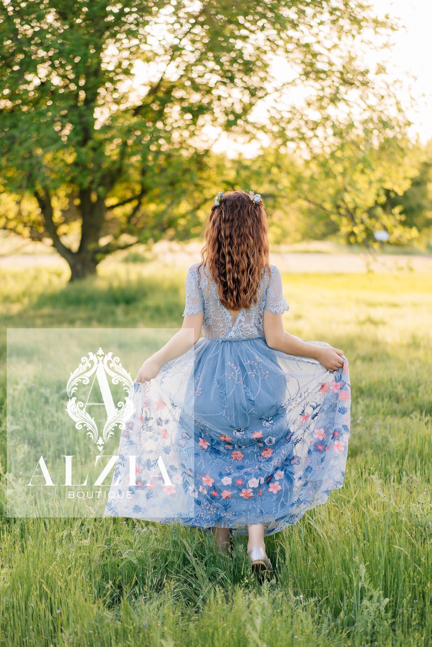 Bluish Grey Flower Girl Dress | Lace Scallop Back Embroidered Tulle Dress for Weddings & Special Occasions
