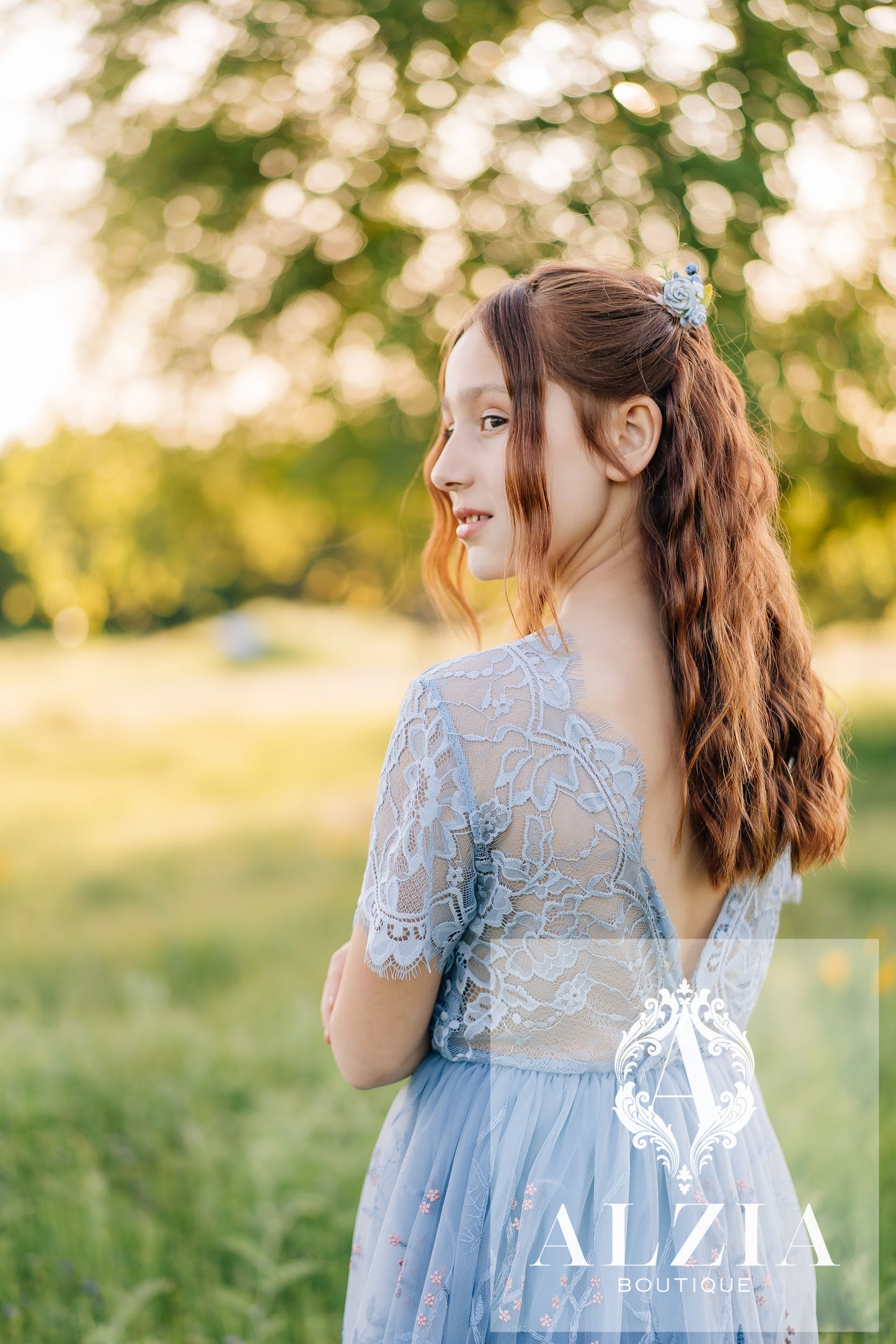 Bluish Grey Flower Girl Dress | Lace Scallop Back Embroidered Tulle Dress for Weddings & Special Occasions