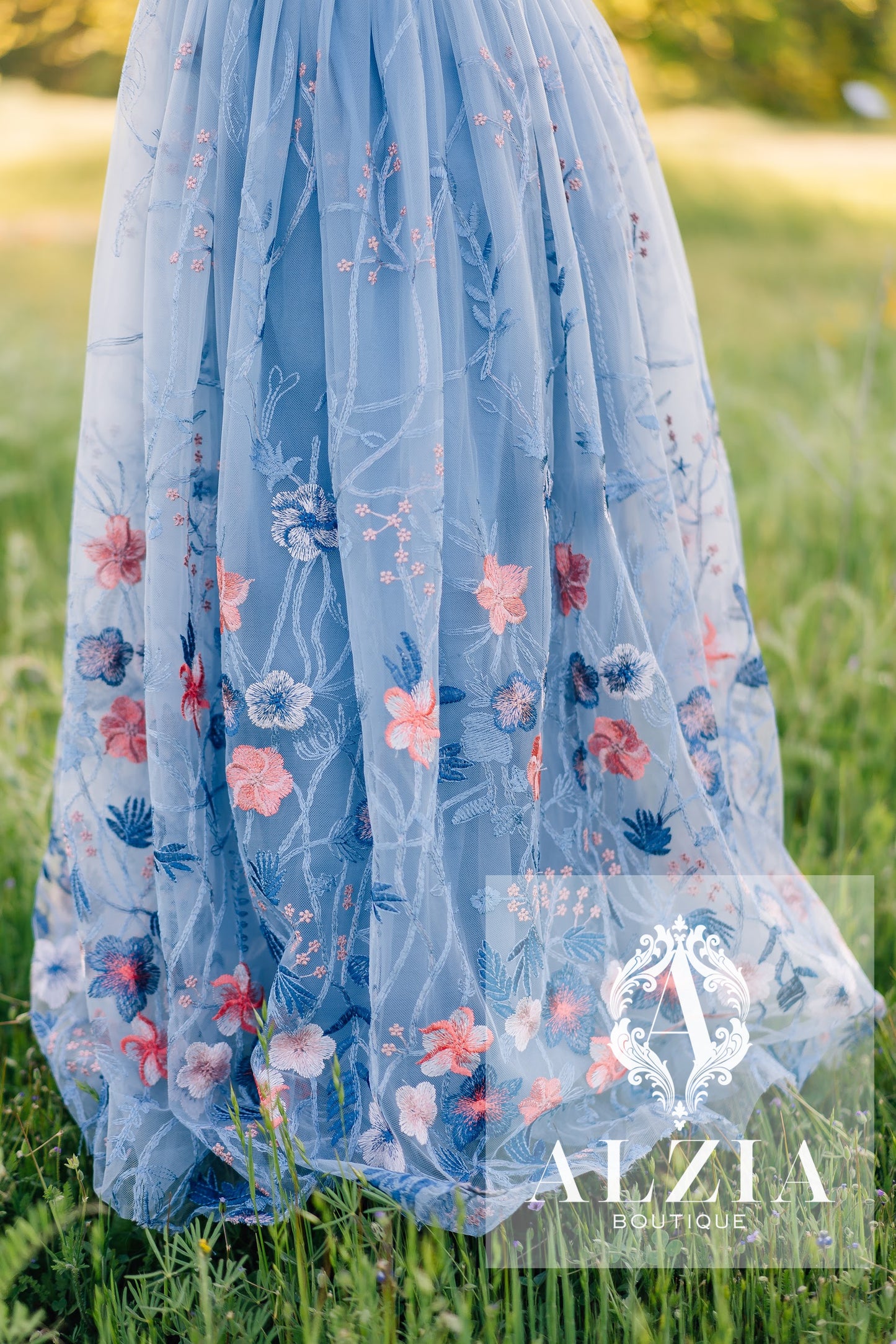 Bluish Grey Flower Girl Dress | Lace Scallop Back Embroidered Tulle Dress for Weddings & Special Occasions