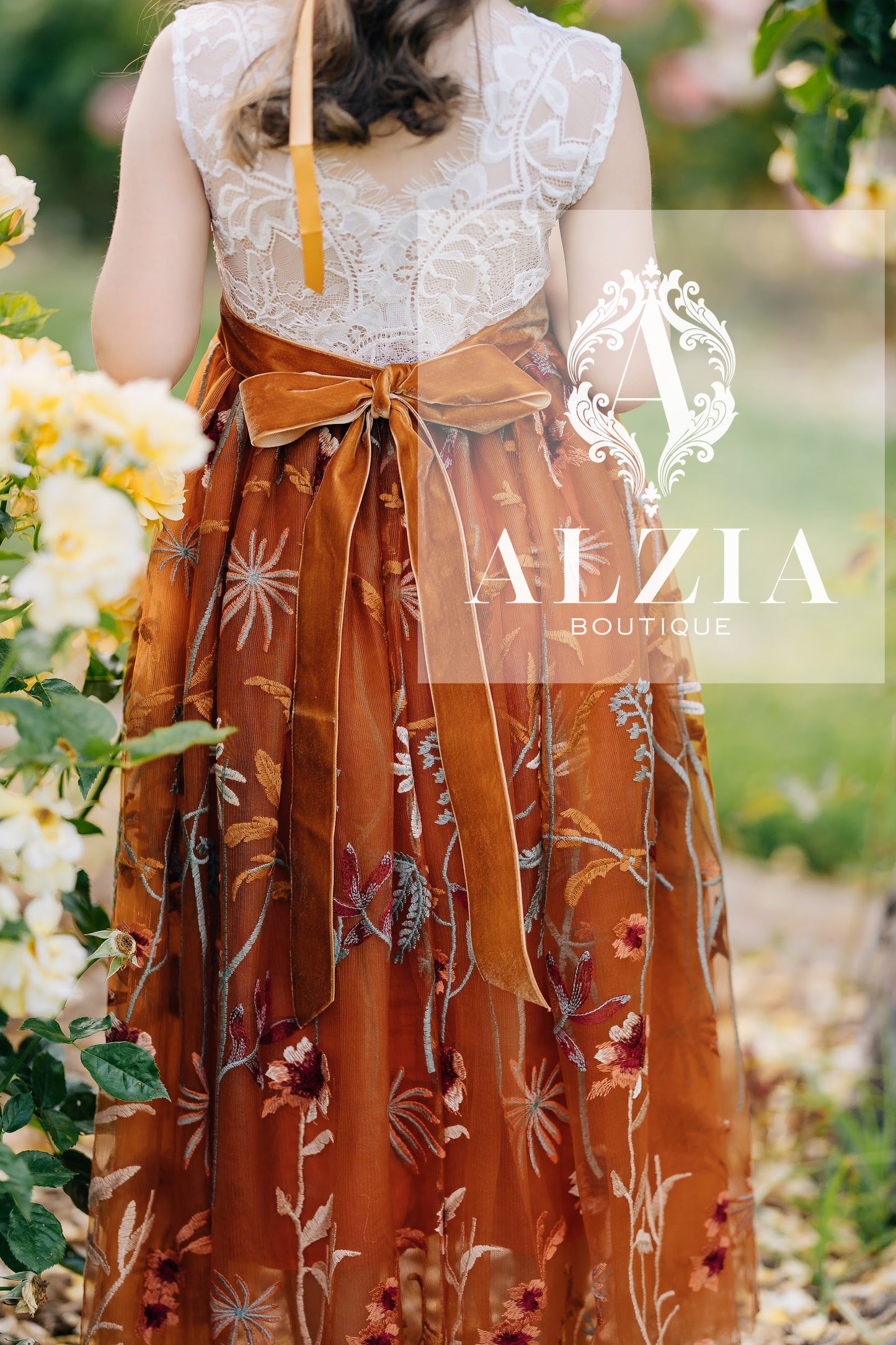 White Lace and Burnt Orange Flower Girl Dress | Boho Scallop Back Tulle Dress for Rustic Weddings