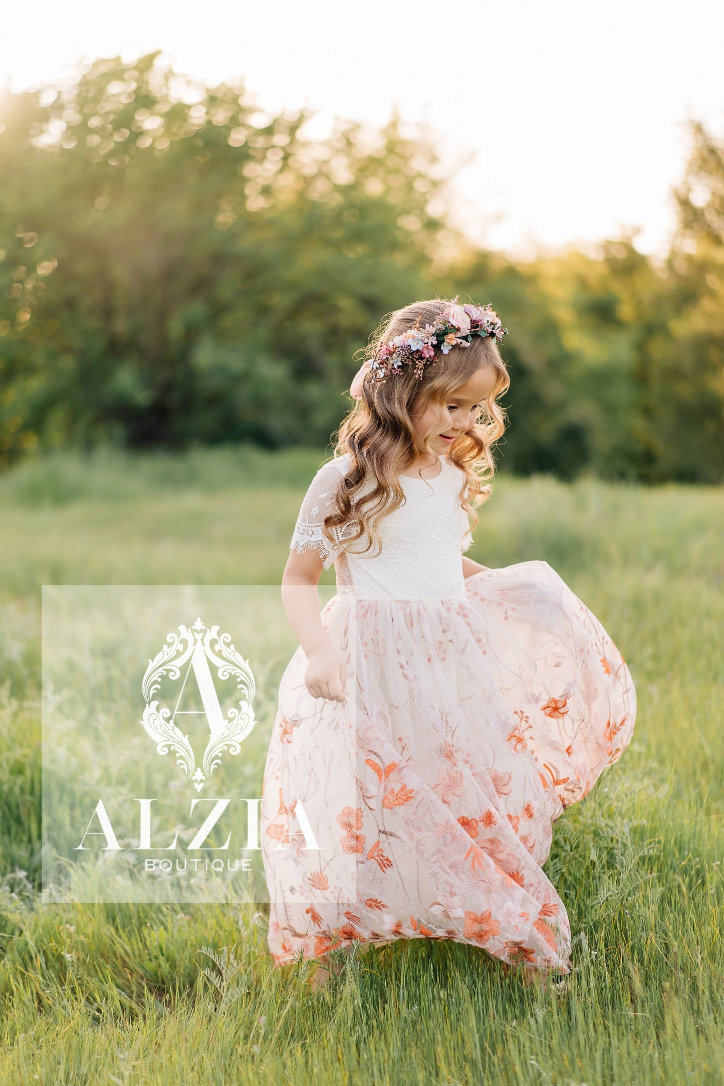 Ivory Champagne Flower Girl Dress | Boho Lace Tulle Dress for Rustic and Outdoor Weddings