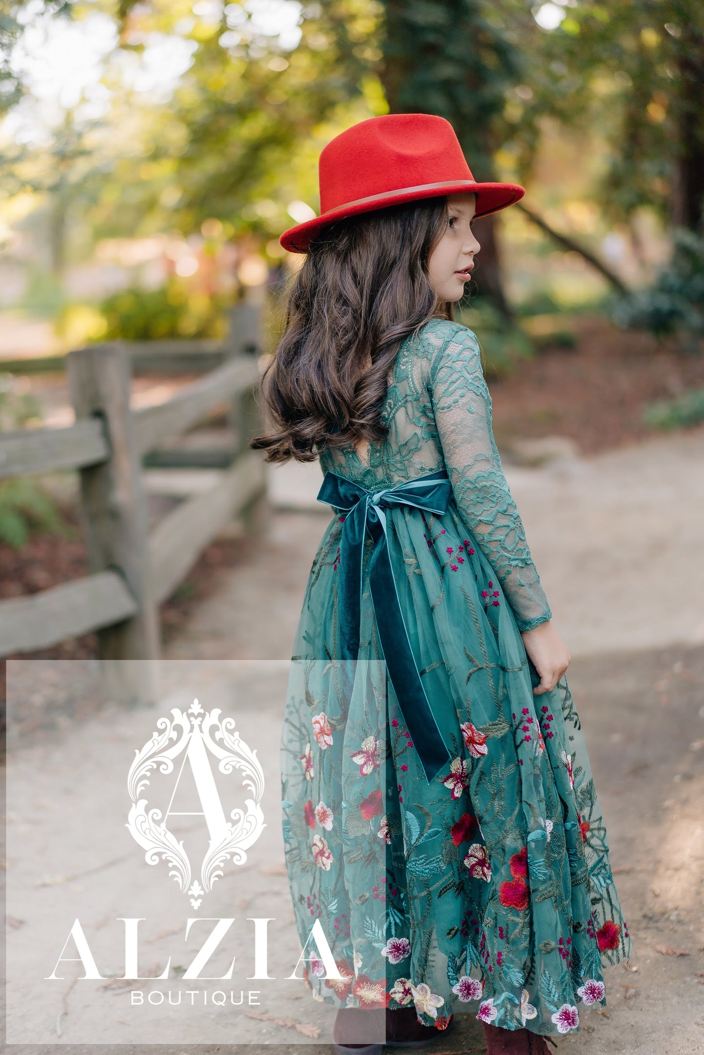 Emerald Teal Embroidered Flower Girl Dress | Long Sleeve Winter Wedding & Holiday Dress