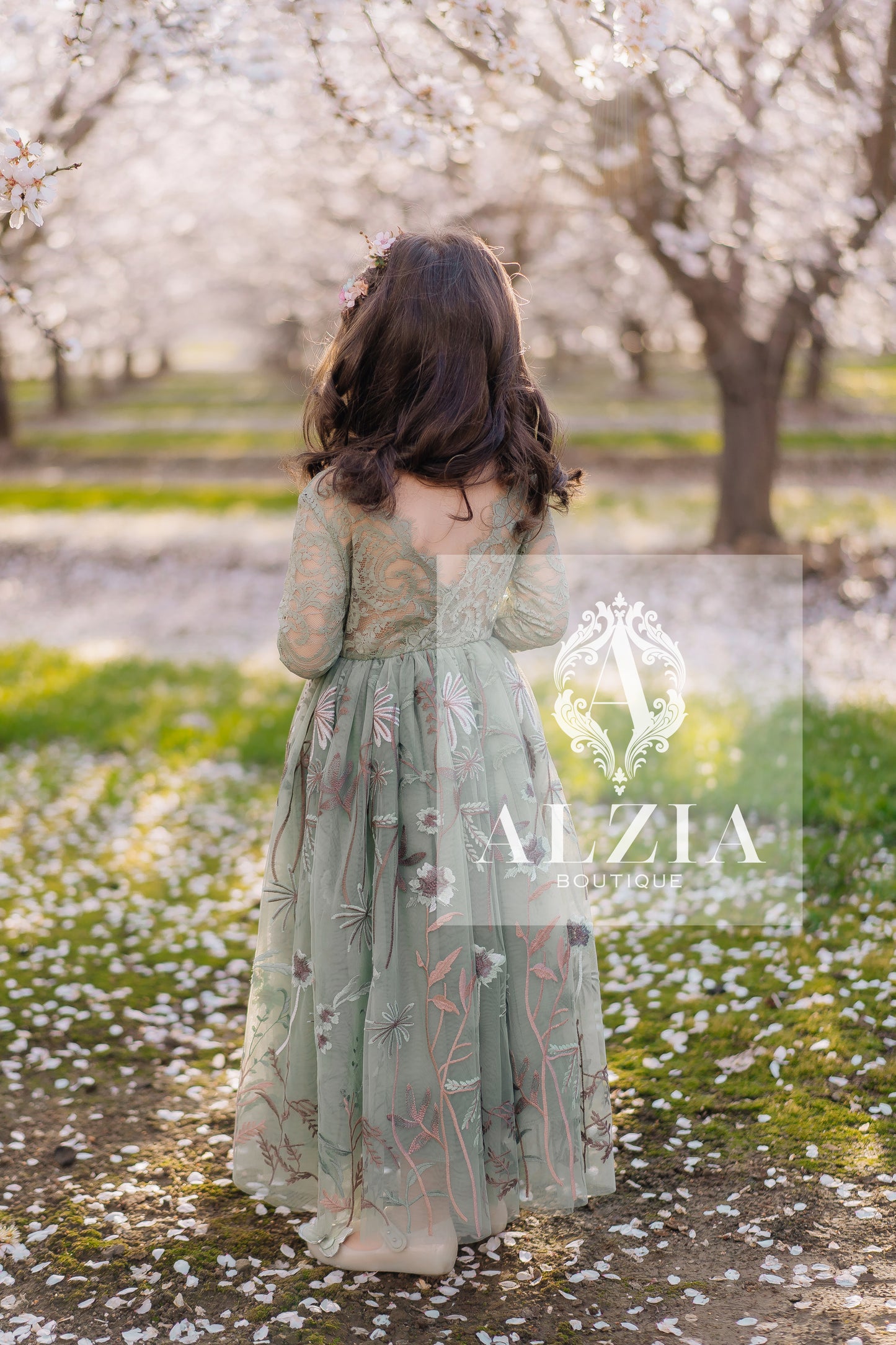 Dusty Sage Flower Girl Dress | Full Lace and Embroidered Tulle in Dusty Sage for Weddings & Special Occasions