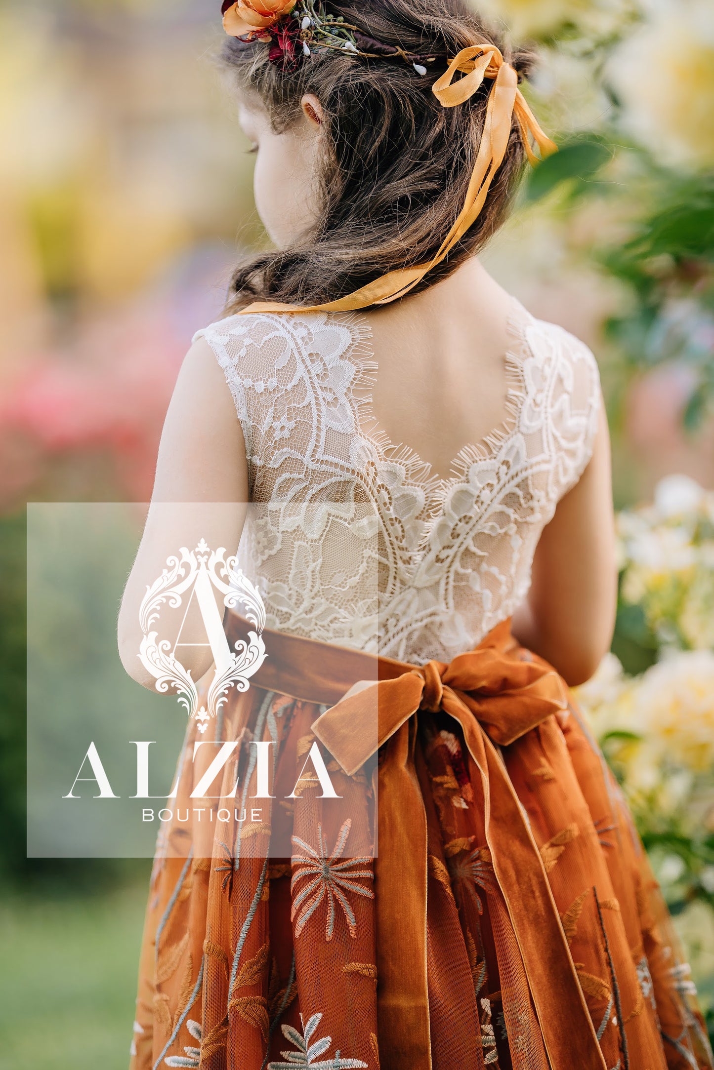 White Lace and Burnt Orange Flower Girl Dress | Boho Scallop Back Tulle Dress for Rustic Weddings