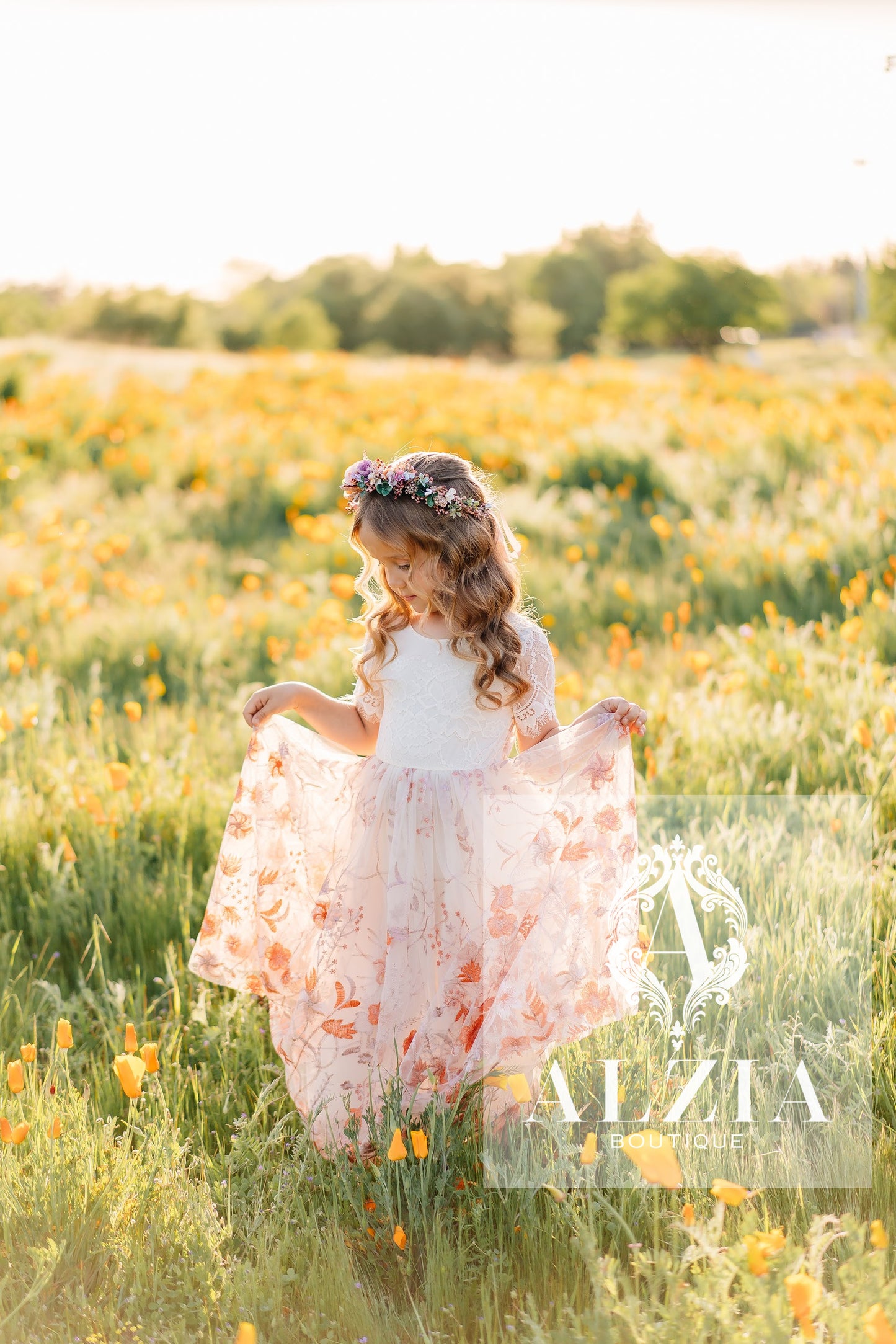 Ivory Champagne Flower Girl Dress | Boho Lace Tulle Dress for Rustic and Outdoor Weddings