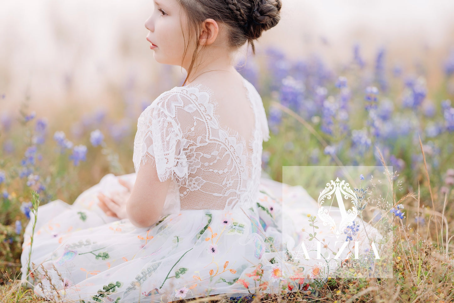 Whimsical Wildflower Embroidered Flower Girl Dress | Stretch Lace Bodice with Scallop French Back