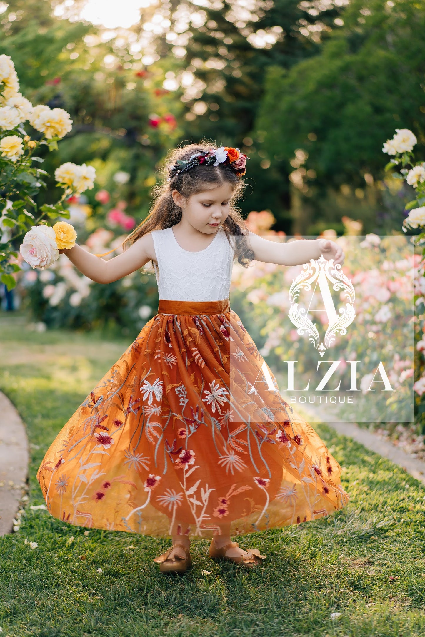 White Lace and Burnt Orange Flower Girl Dress | Boho Scallop Back Tulle Dress for Rustic Weddings