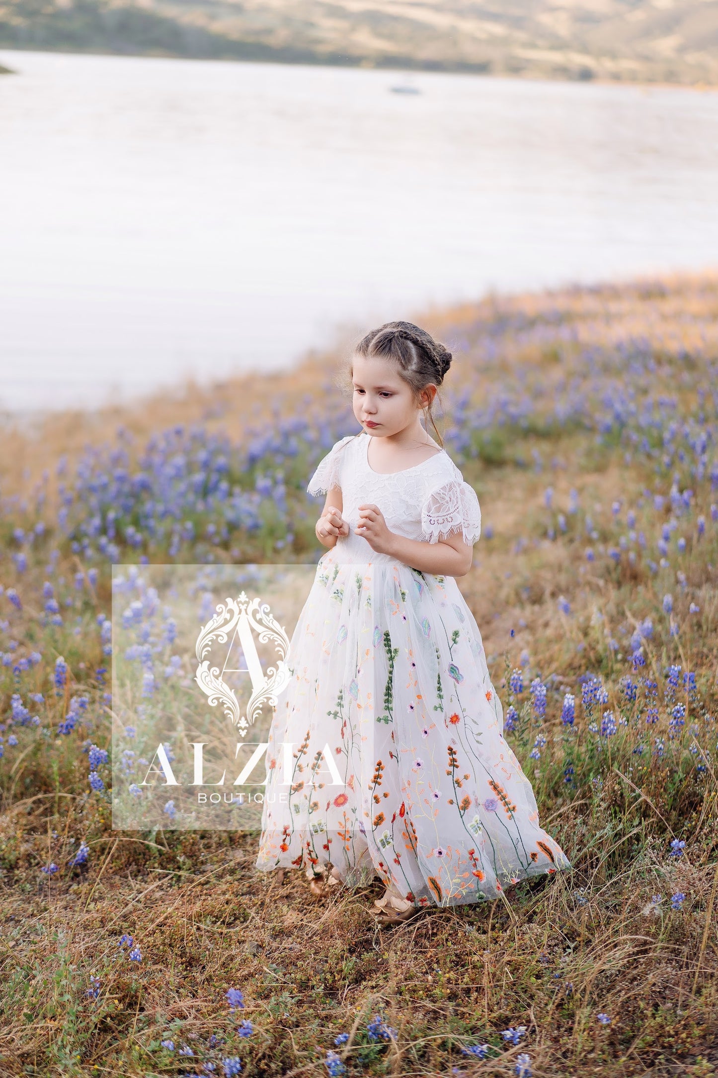 Whimsical Wildflower Embroidered Flower Girl Dress | Stretch Lace Bodice with Scallop French Back