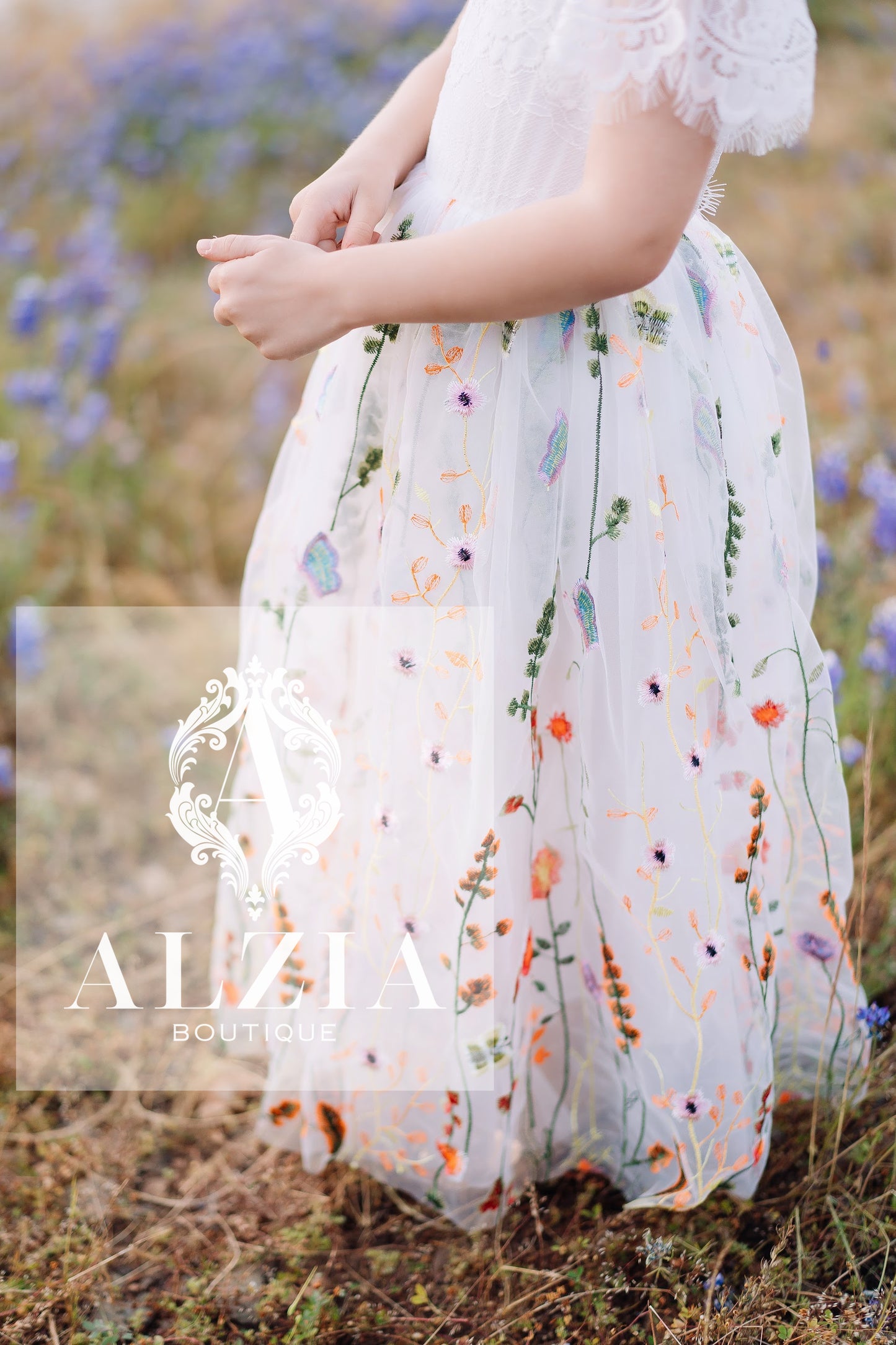 Whimsical Wildflower Embroidered Flower Girl Dress | Stretch Lace Bodice with Scallop French Back