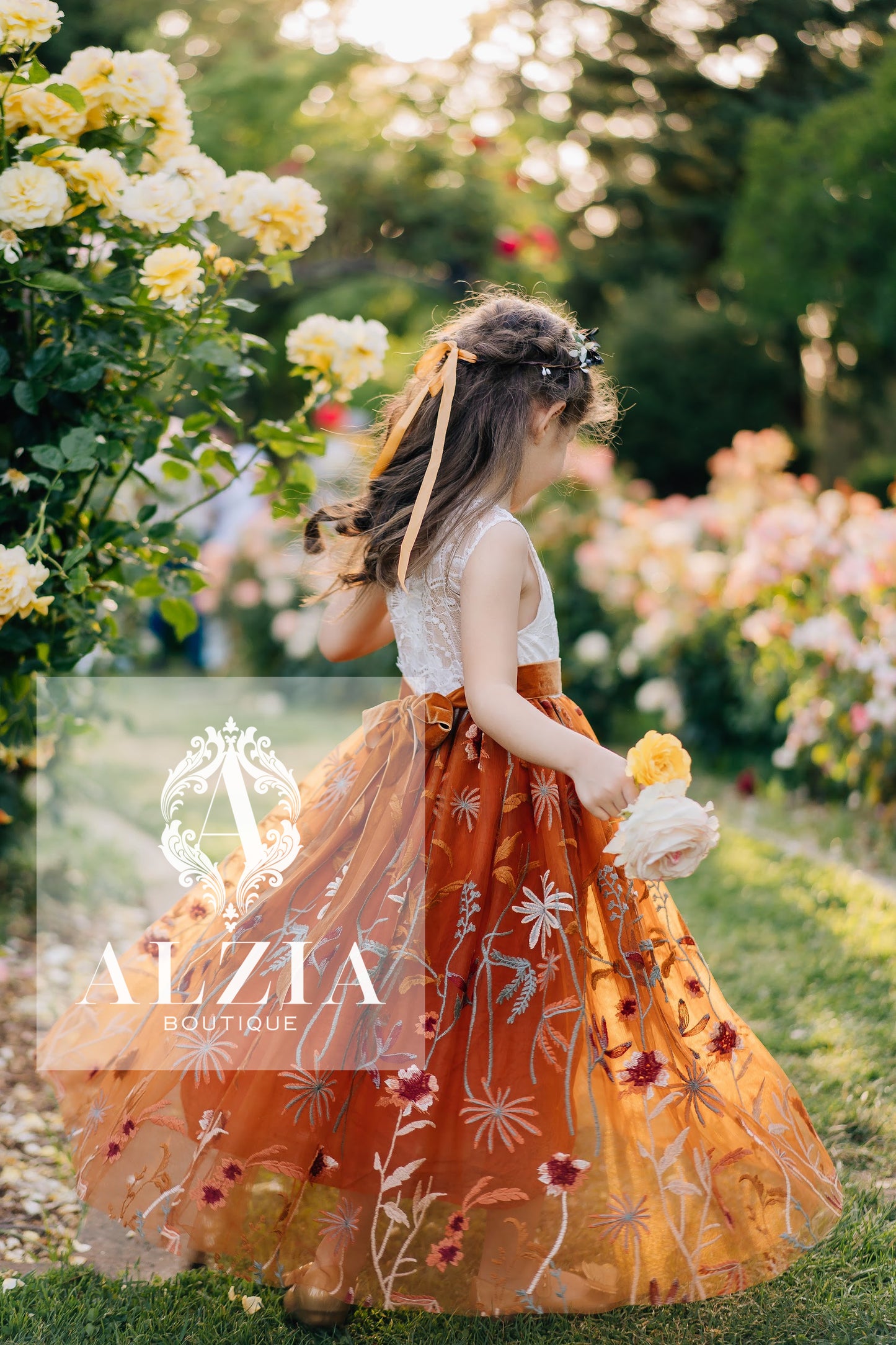 White Lace and Burnt Orange Flower Girl Dress | Boho Scallop Back Tulle Dress for Rustic Weddings