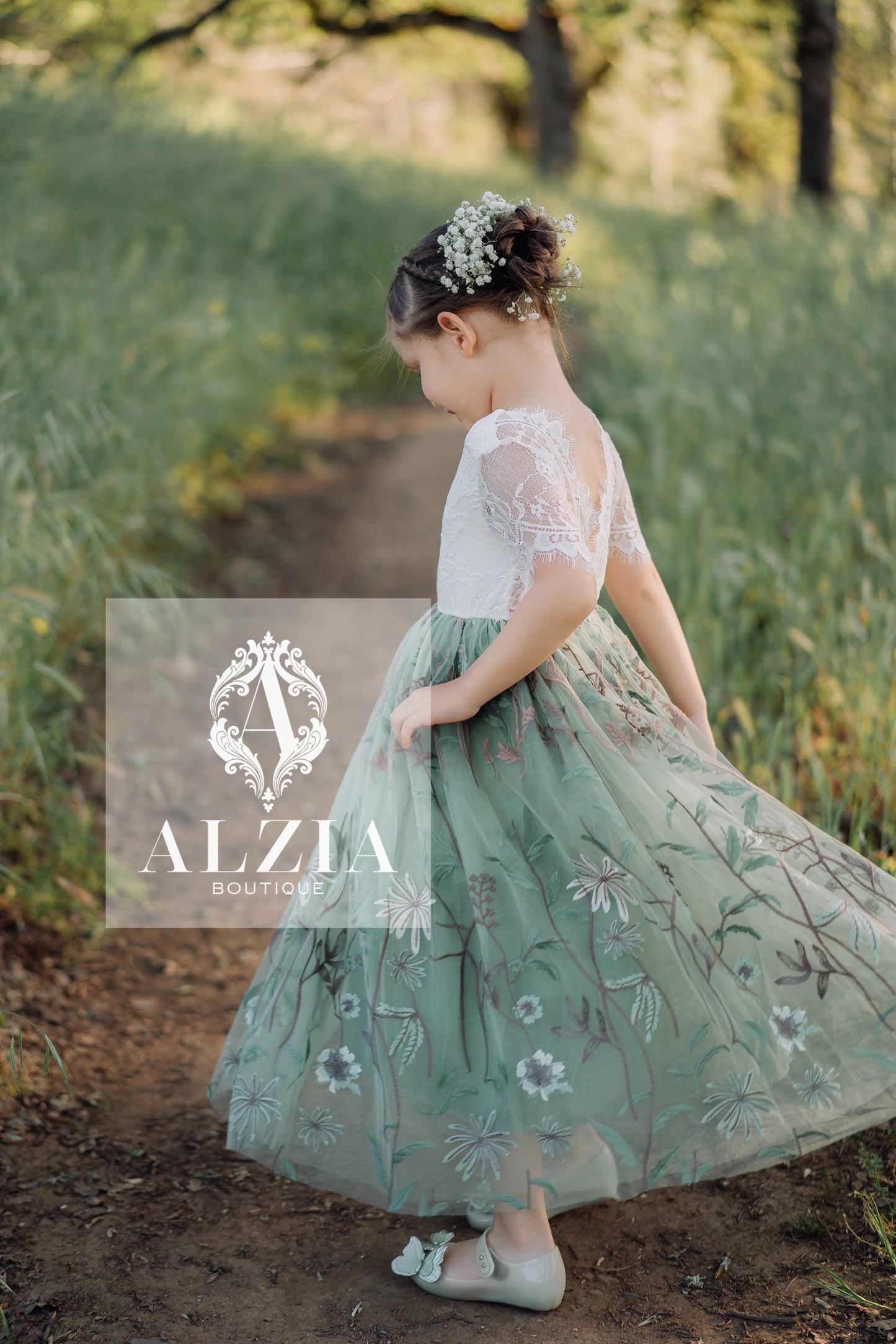 Dusty Sage Flower Girl Dress | Lace and Embroidered Tulle Dress with Scallop Back for Weddings & Special Occasions