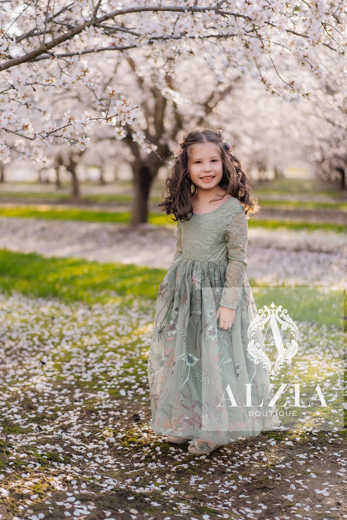 Dusty Sage Flower Girl Dress | Full Lace and Embroidered Tulle in Dusty Sage for Weddings & Special Occasions
