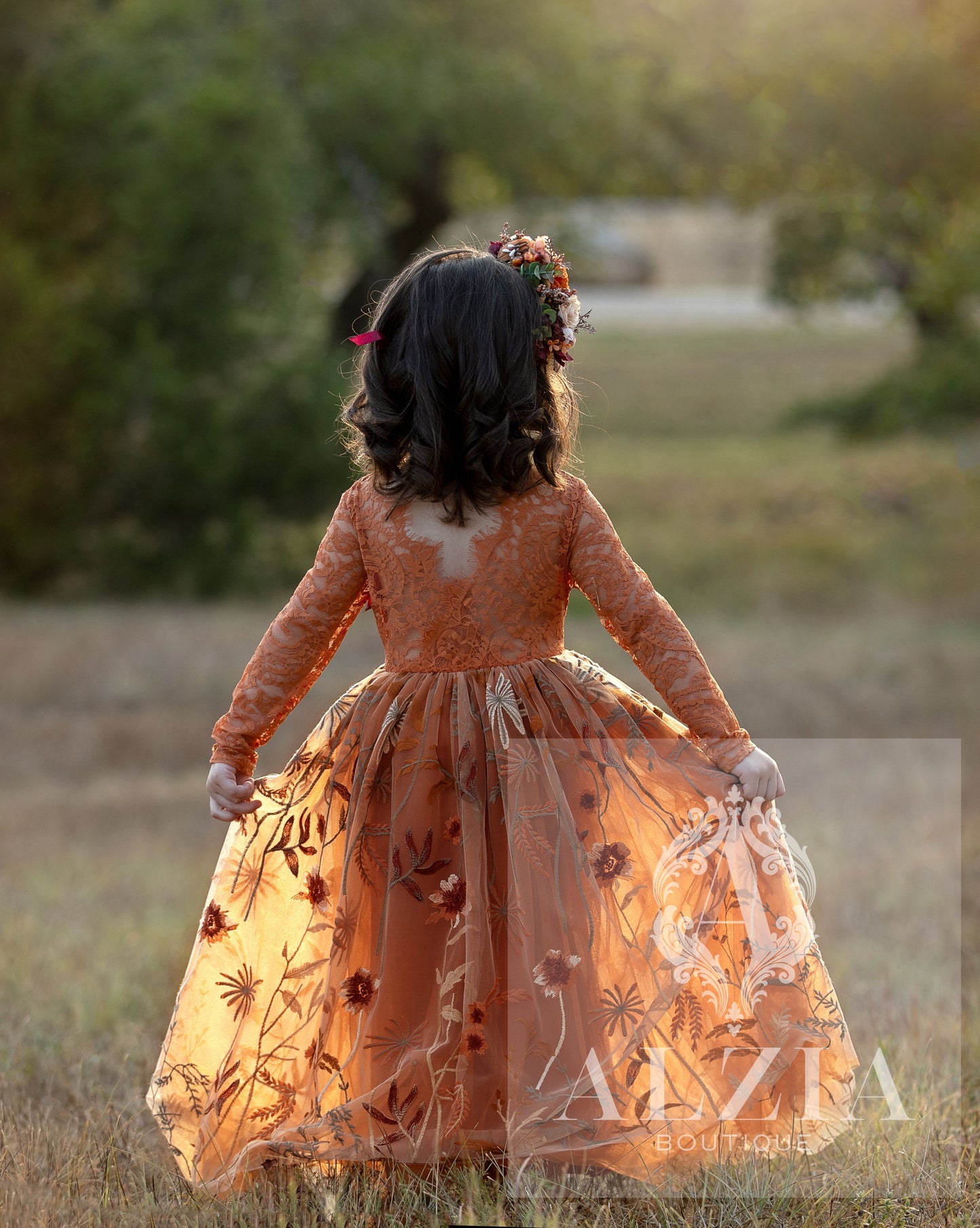 Burnt Orange Flower Girl Dress | Boho Lace and Embroidered Tulle Dress for Fall Weddings & Rustic Celebrations