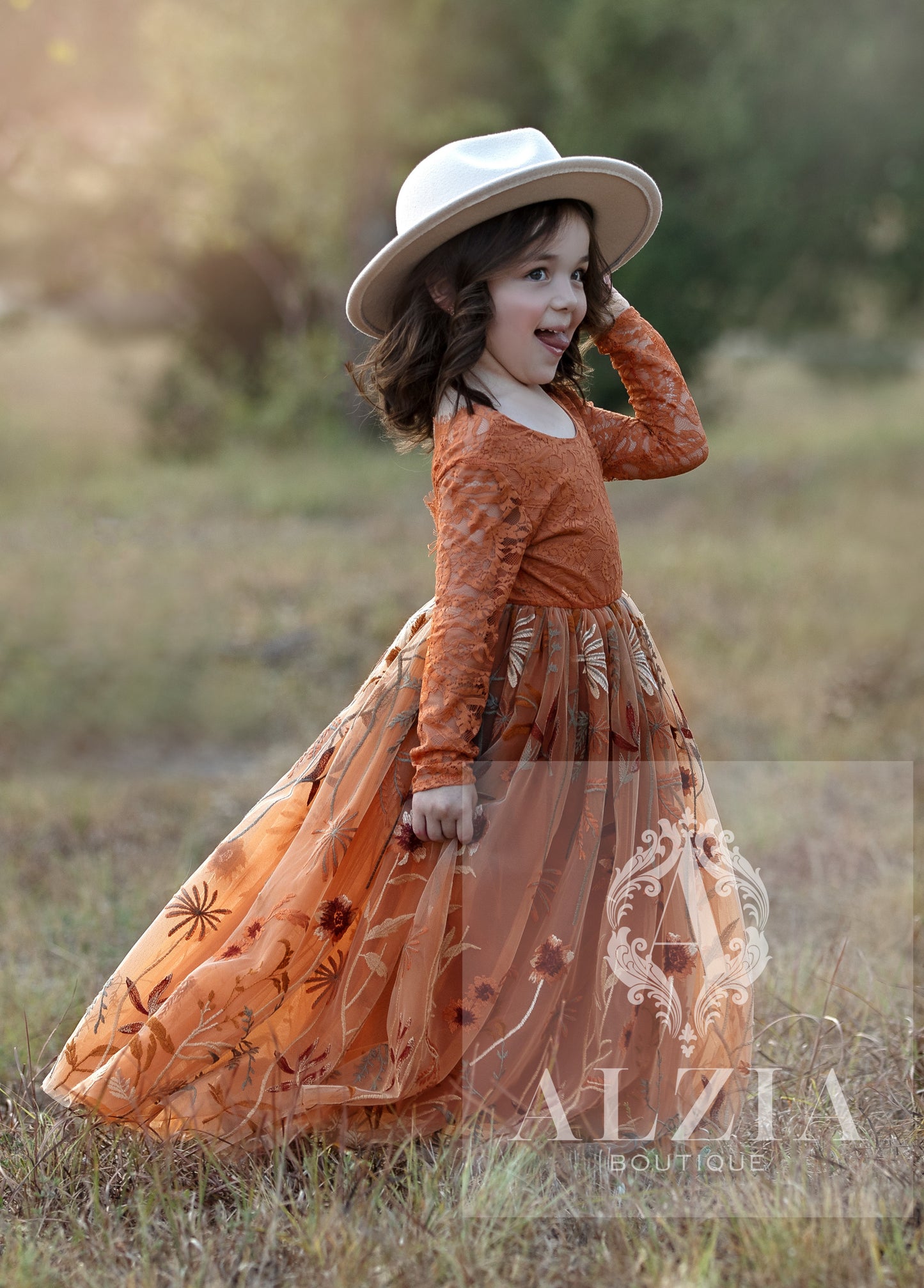 Burnt Orange Flower Girl Dress | Boho Lace and Embroidered Tulle Dress for Fall Weddings & Rustic Celebrations