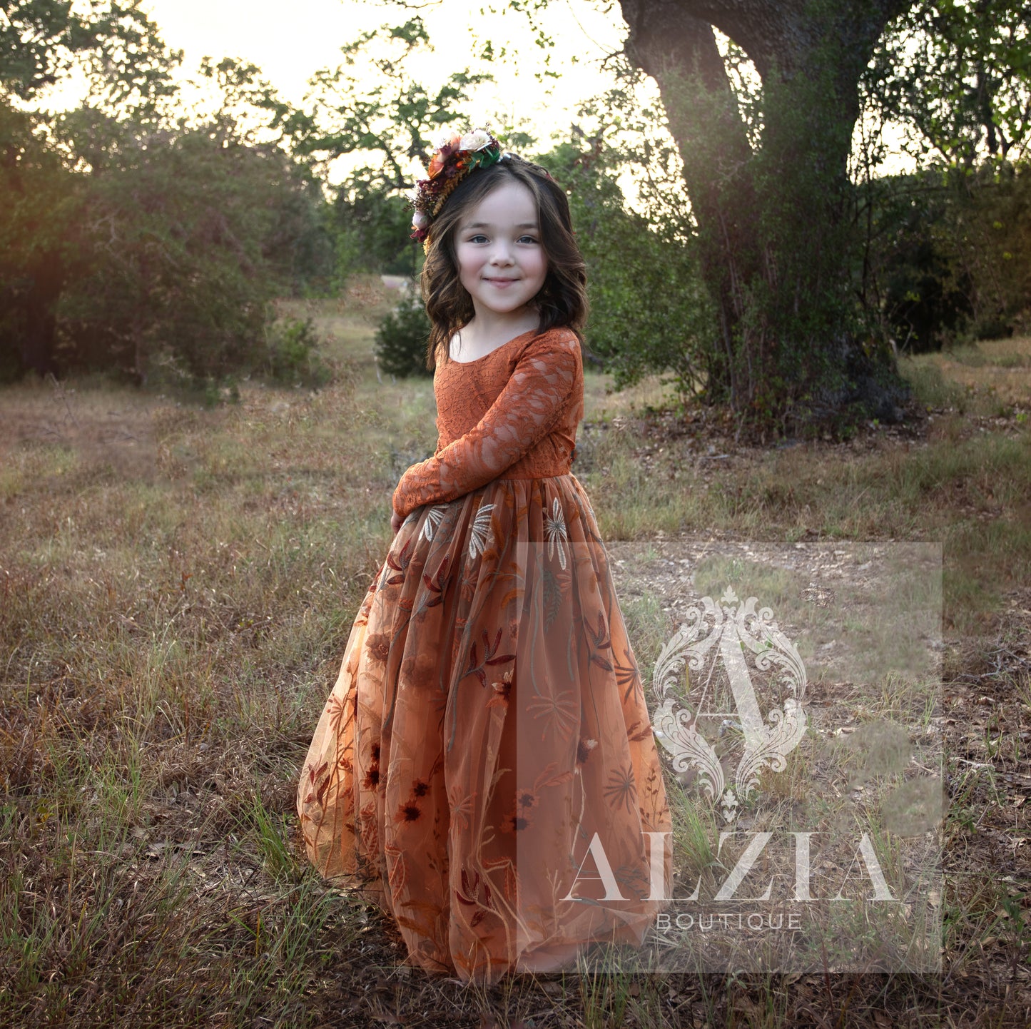 Burnt Orange Flower Girl Dress | Boho Lace and Embroidered Tulle Dress for Fall Weddings & Rustic Celebrations