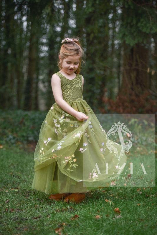 Olive Green Sleeveless Style Floral Embroidered Tulle Flower Girl