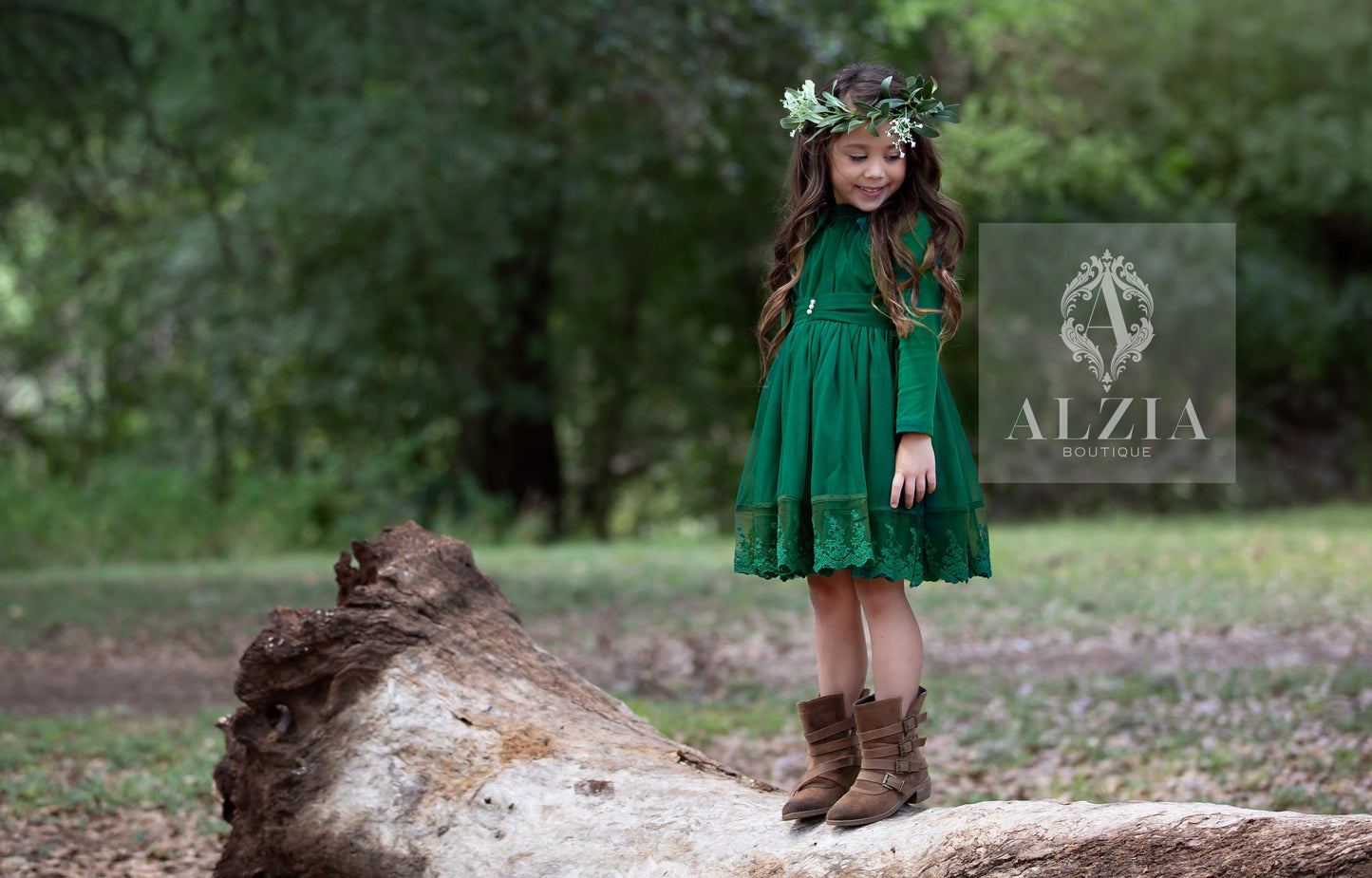 Emerald Green Girl's Dress, Holiday Party Dress for Little Girls, Winter Flower Girl Dress