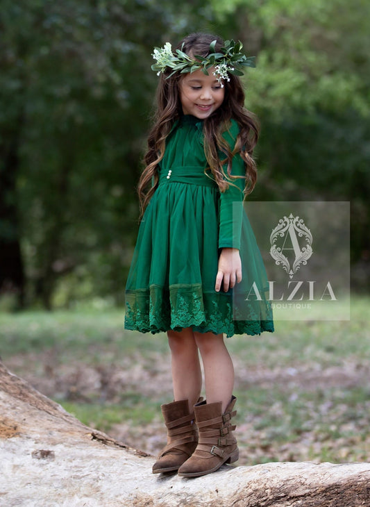 Emerald Green Girl's Dress, Holiday Party Dress for Little Girls, Winter Flower Girl Dress