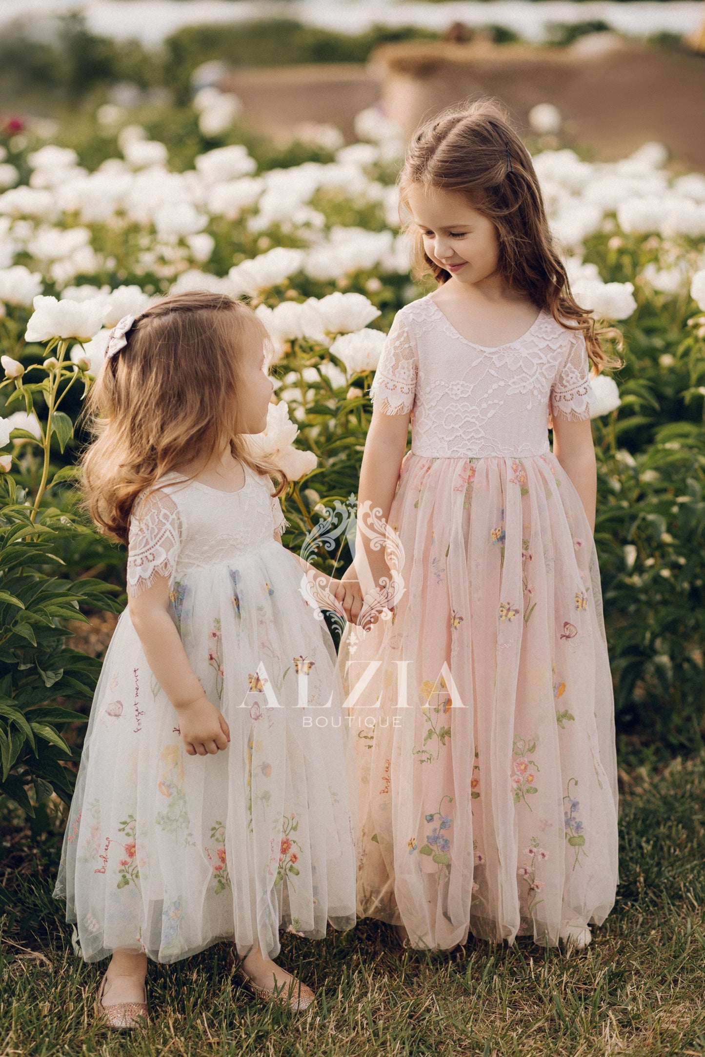 White Short Sleeves Floral Embroidered Tulle Flower Girl