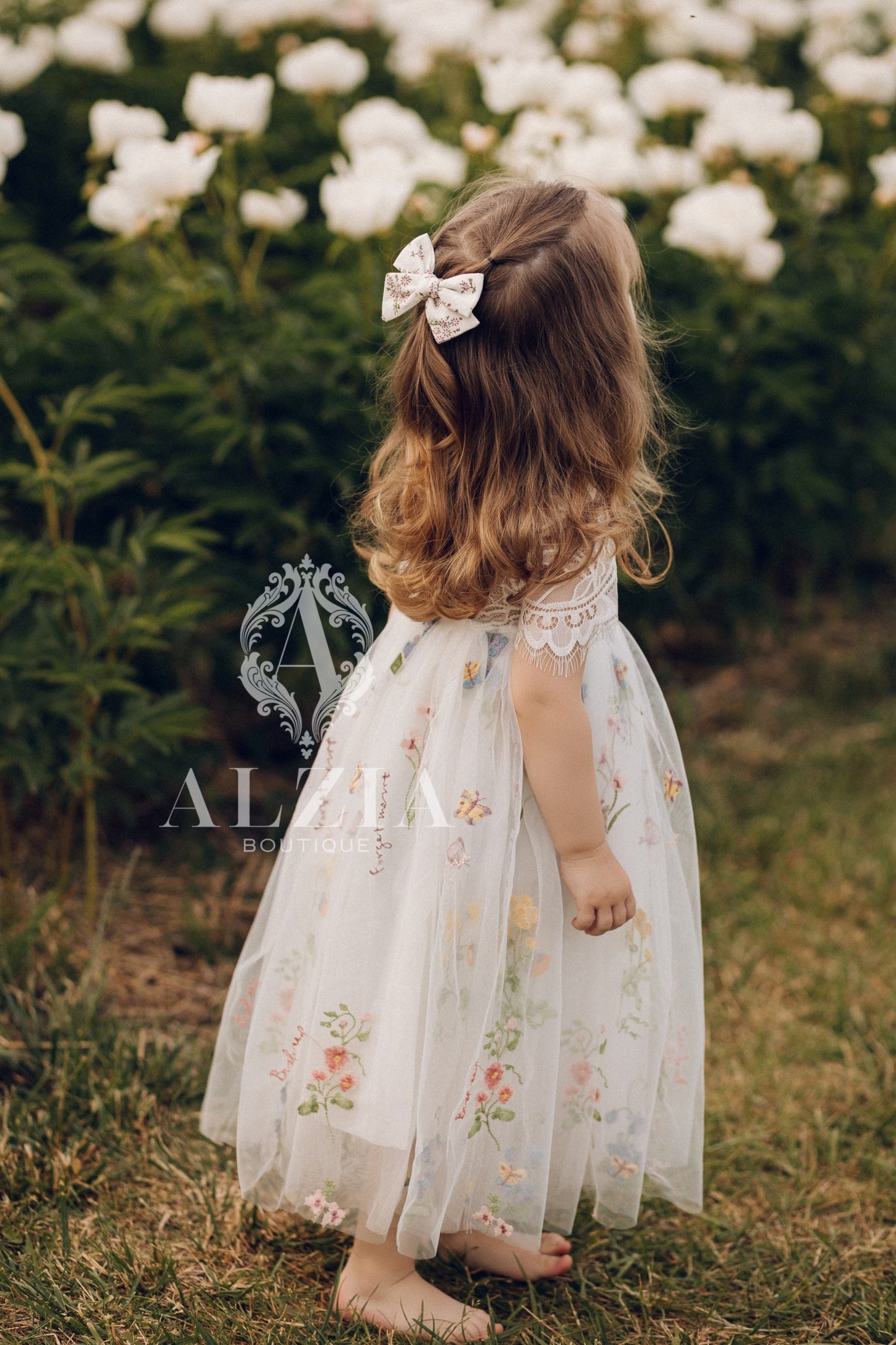 White Short Sleeves Floral Embroidered Tulle Flower Girl